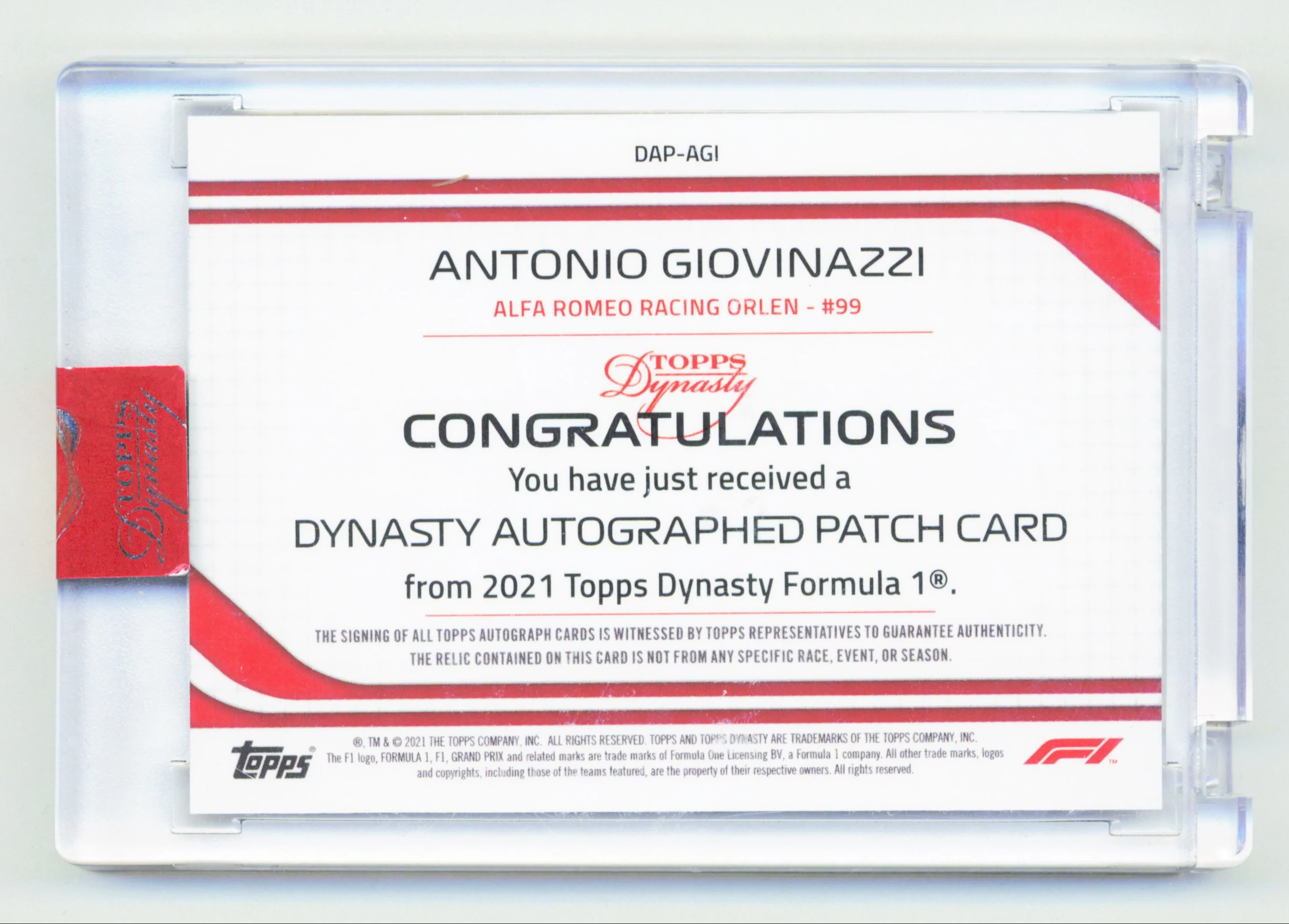 Topps Antonio Giovinazzi Dynasty On Card Autographed Patch Card /10 Dynasty Formula 1 2021 - Image 2