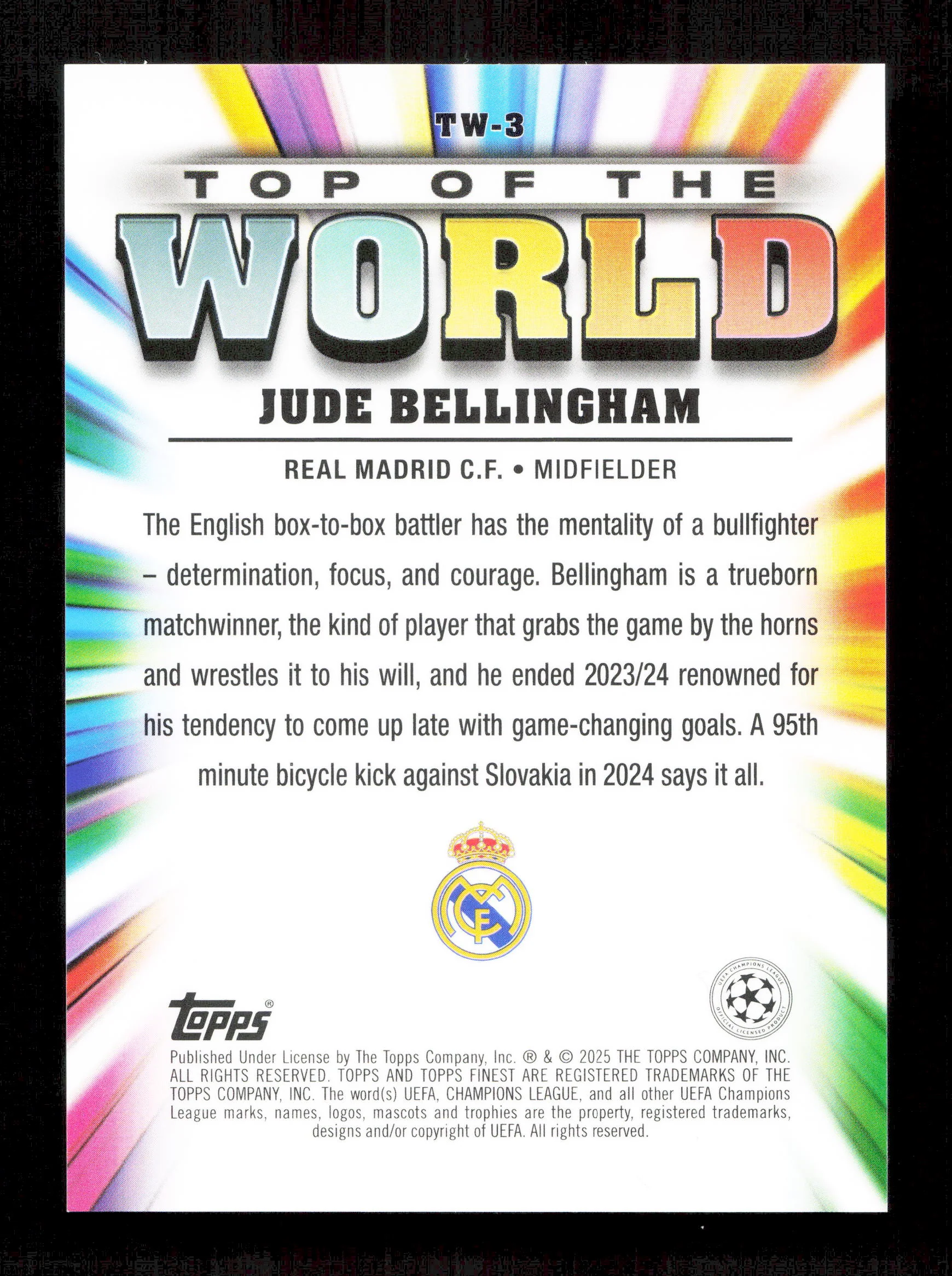 Topps Jude Bellingham Black Top Of The World Parallel Card /10 Finest UEFA Club Competitions 2024-25 - Image 2
