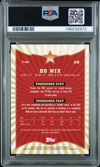 Topps Bo Nix Prodigies Autograph Gold Refractor 02/50 2024 Finest NFL PSA 9 - Image 2