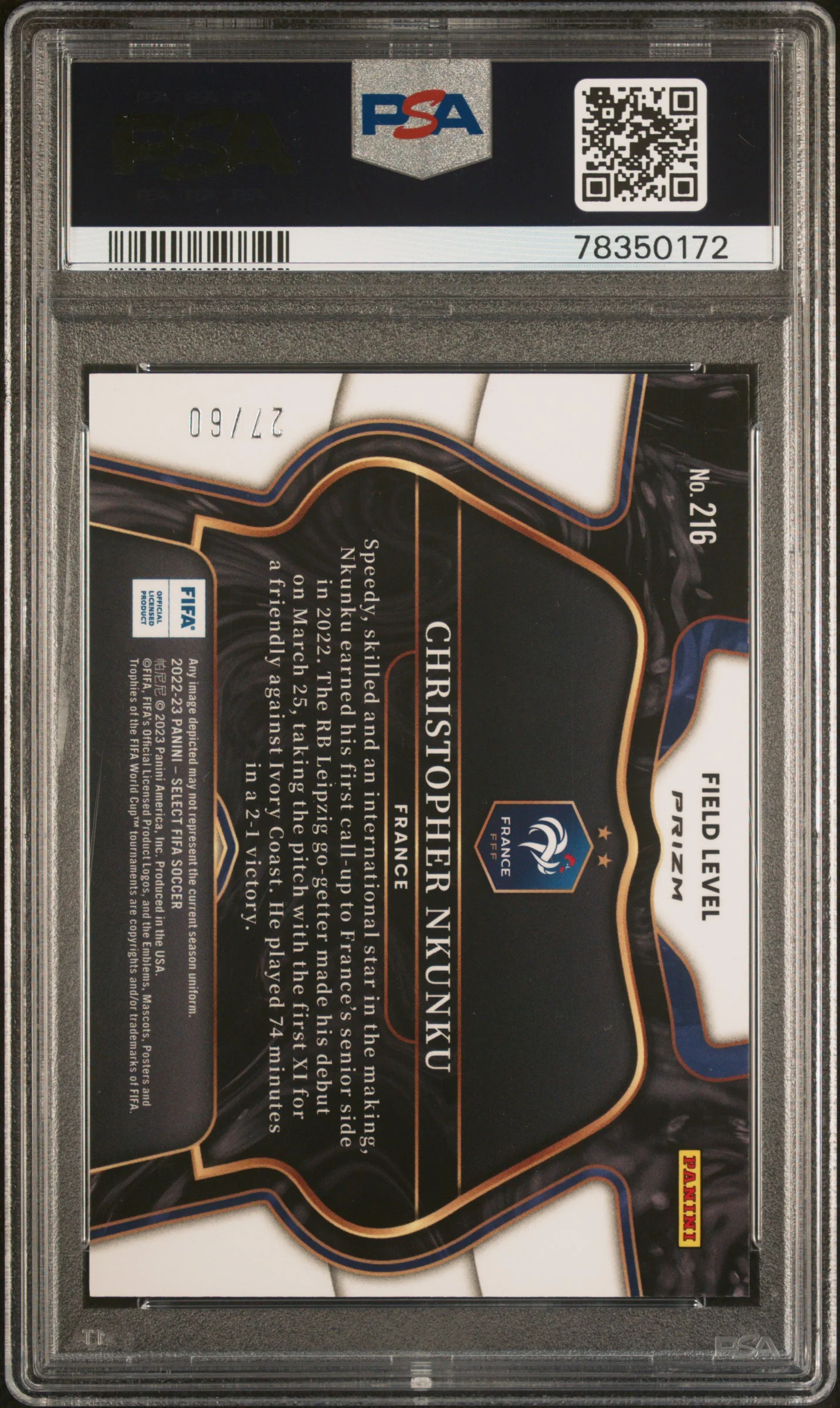 Panini Christopher Nkunku Orange Field Level Prizm /60 Panini Select Fifa #216 2022/23 PSA9 - Image 2