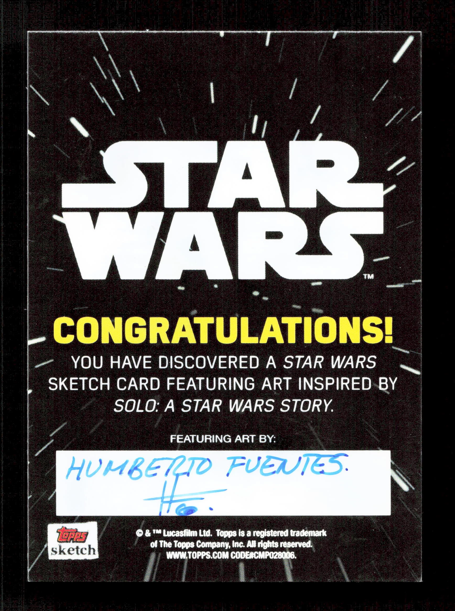 Topps L3-37 Star Wars Sketch Card By Humberto Fuentes Star Wars Solo 2018 - Image 2