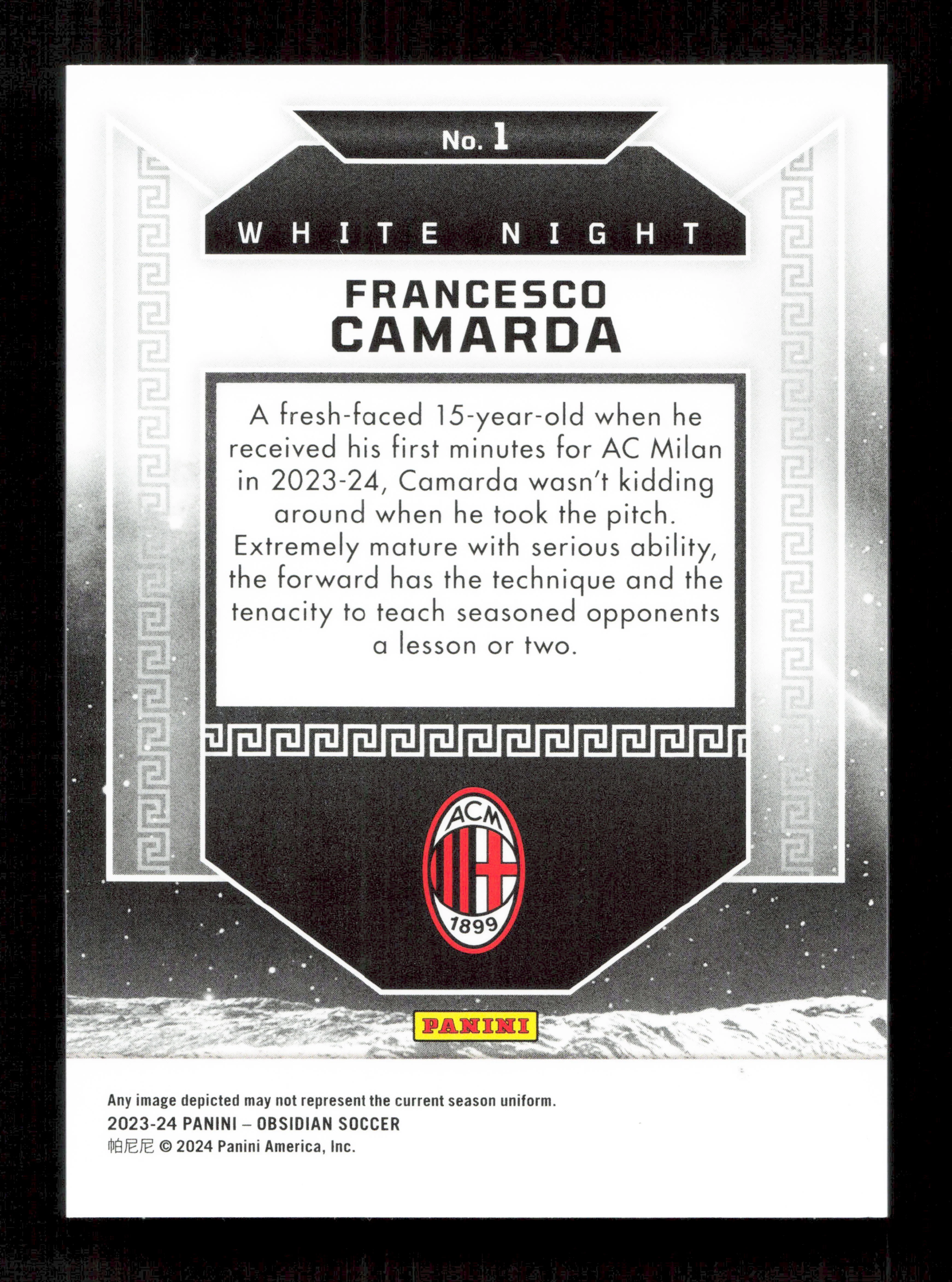 Panini Francesco Camarda White Night Card RC Panini Obsidian 2023-24 #1 - Image 2