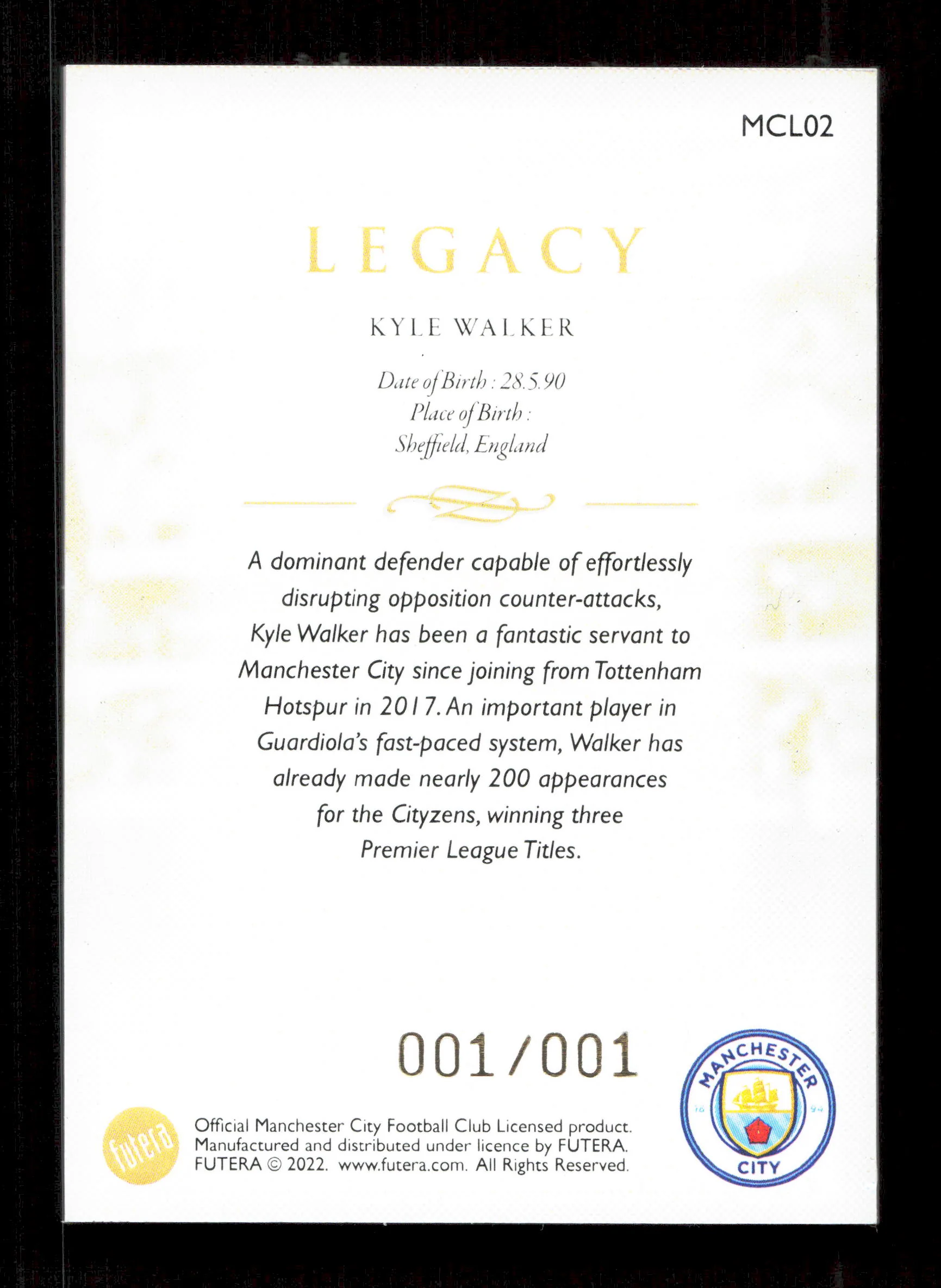 Futera Kyle Walker Legacy 1/1 Card Futera Manchester City 2022 - Image 2