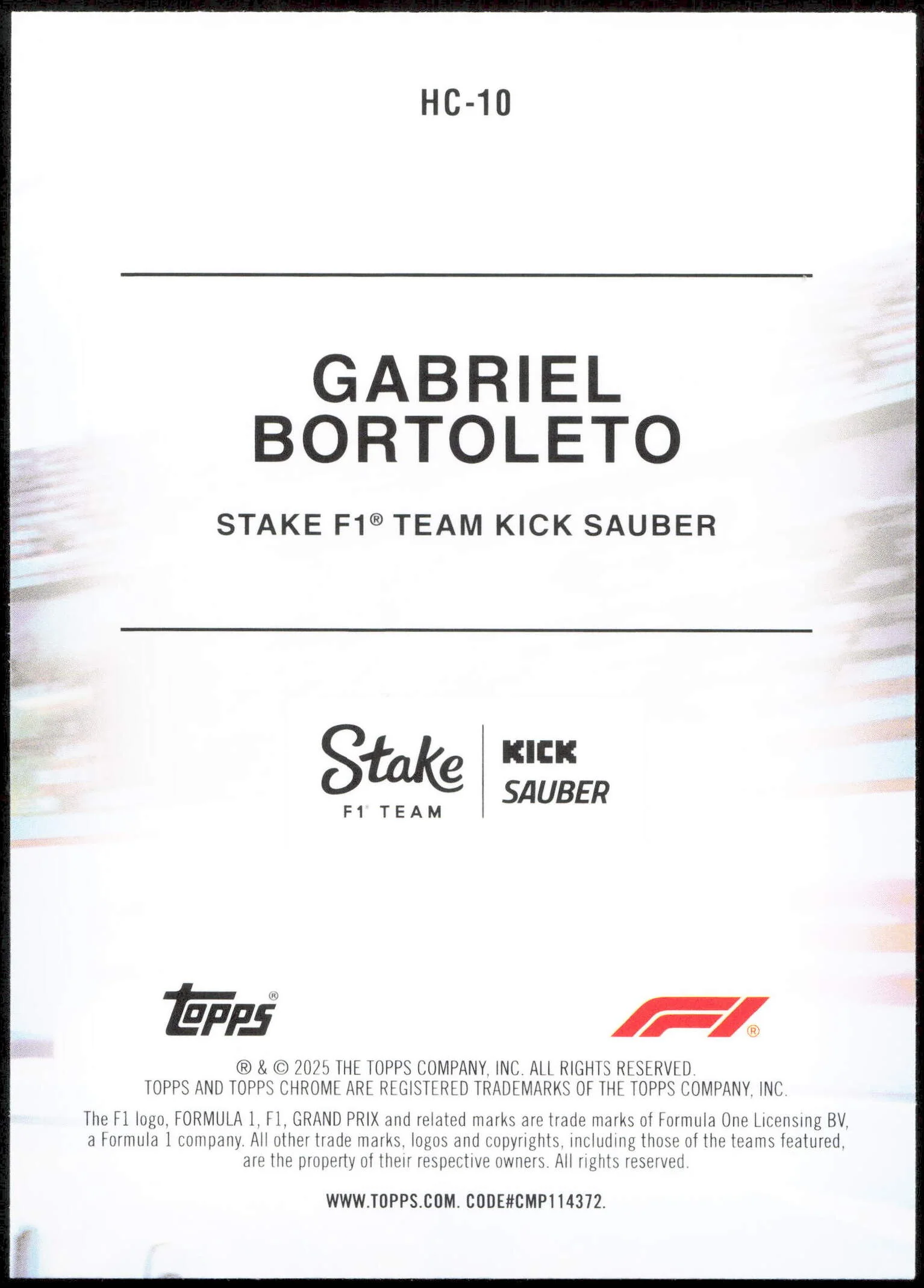 Topps Gabriel Bortoleto Helmet Collection Rookie HC-10 2025 Chrome Formula 1 Logofractor - Image 2