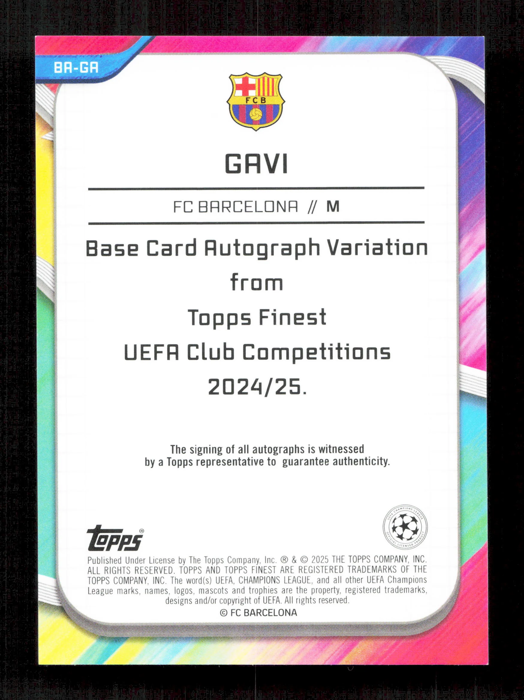 Topps Gavi Gold Autograph Card /50 Finest UEFA Club Competitions 2024-25 - Image 2