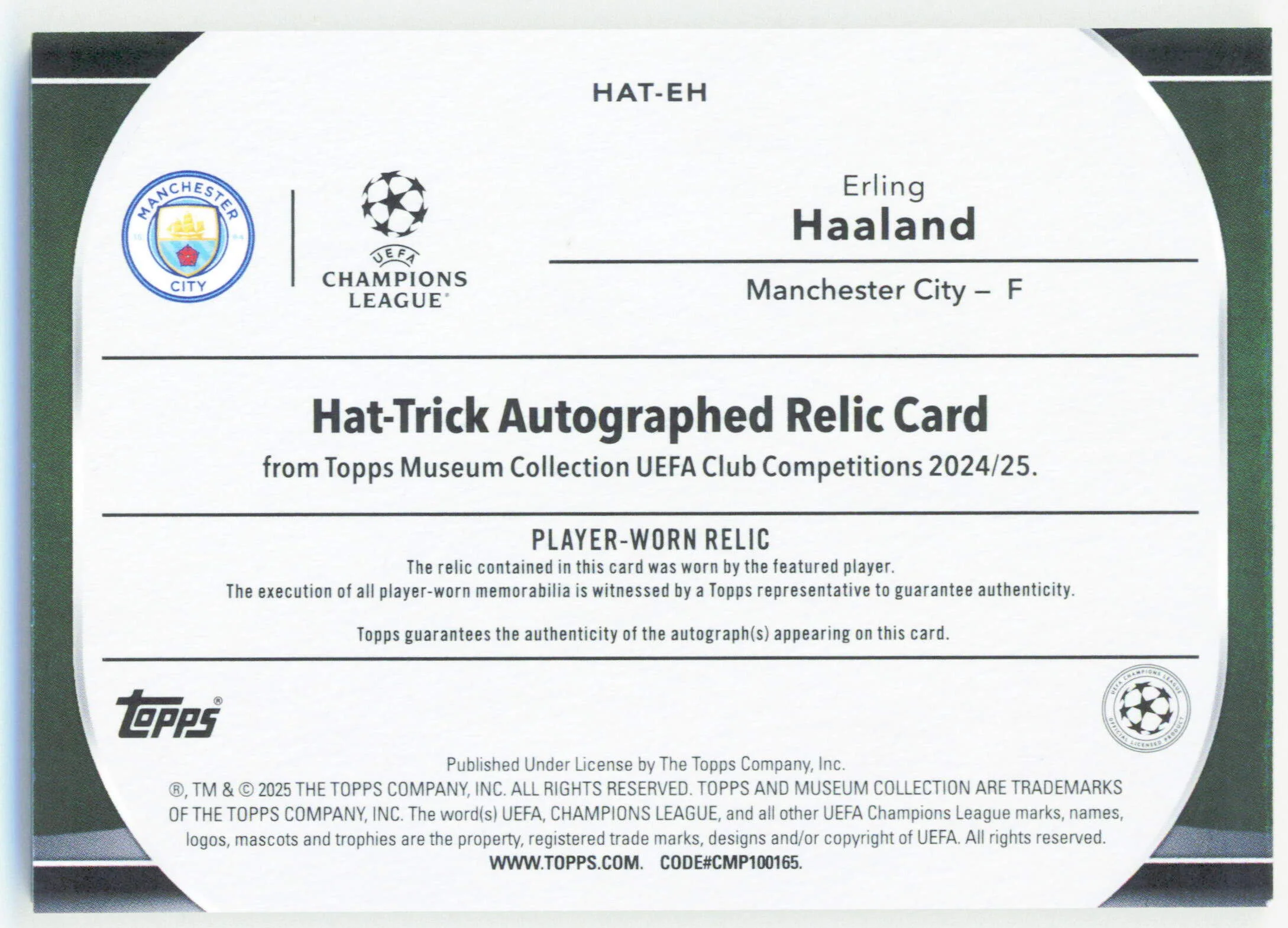 Topps Erling Haaland Hat-Trick Autographed Relic 18/25 Player Worn HAT-EH Museum Collection UEFA Club Competitions 2024 - Image 2