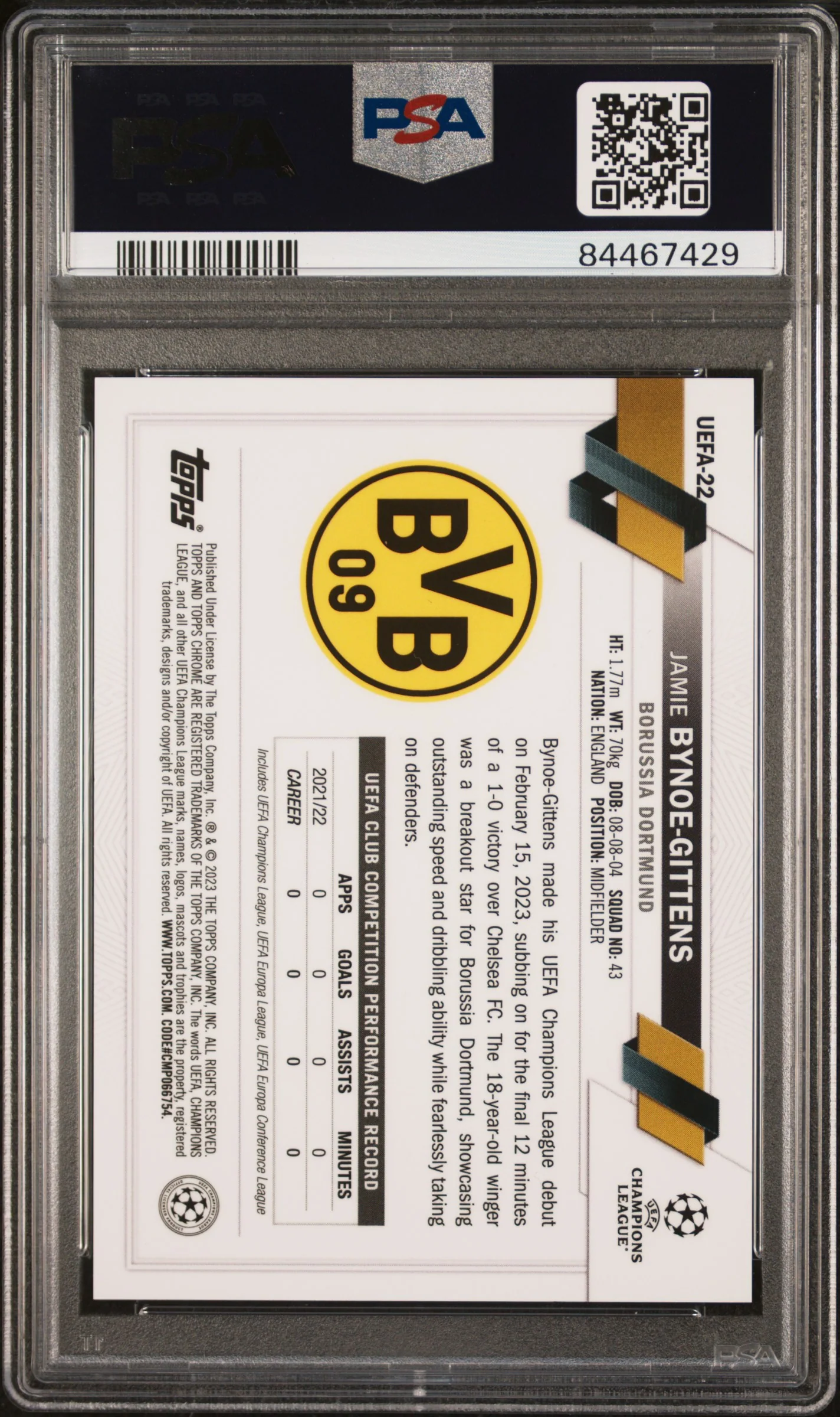 Topps Jamie Bynoe-Gittens Red Refractor /5 Chrome NSCC UEFA 2023 #22 PSA9 - Image 2