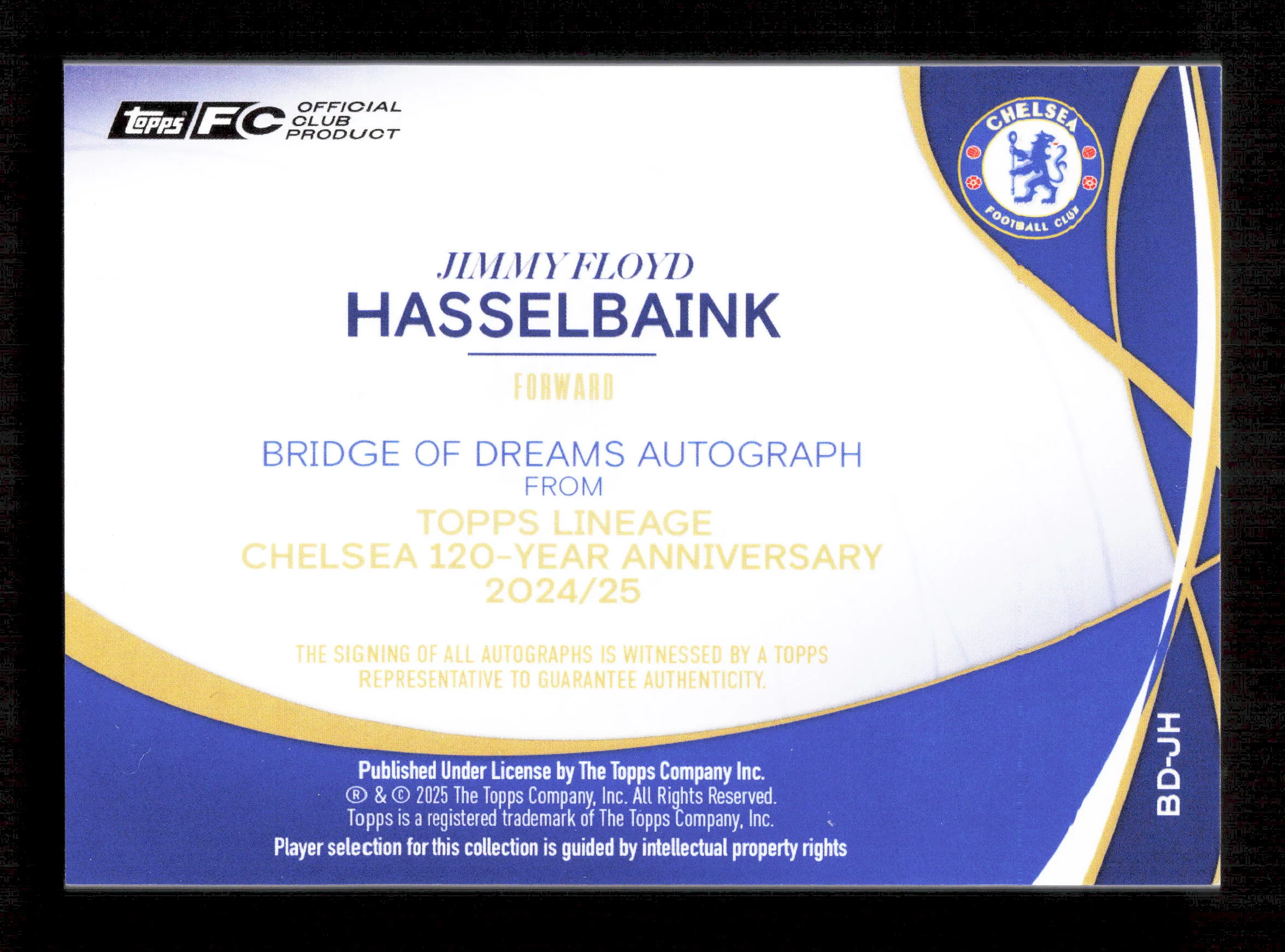 Topps Jimmy Floyd Hasselbank Orange Bridge Of Dreams Autograph Card /25 Lineage Chelsea 120 Years Anniversary 2024-25 - Image 2