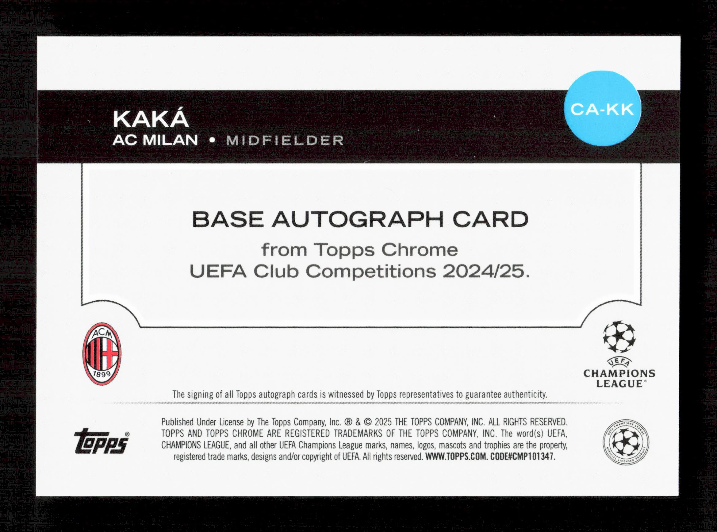 Topps Kaka Orange Autograph Card /25 Chrome UEFA Club Competitions 2024/25 - Image 2