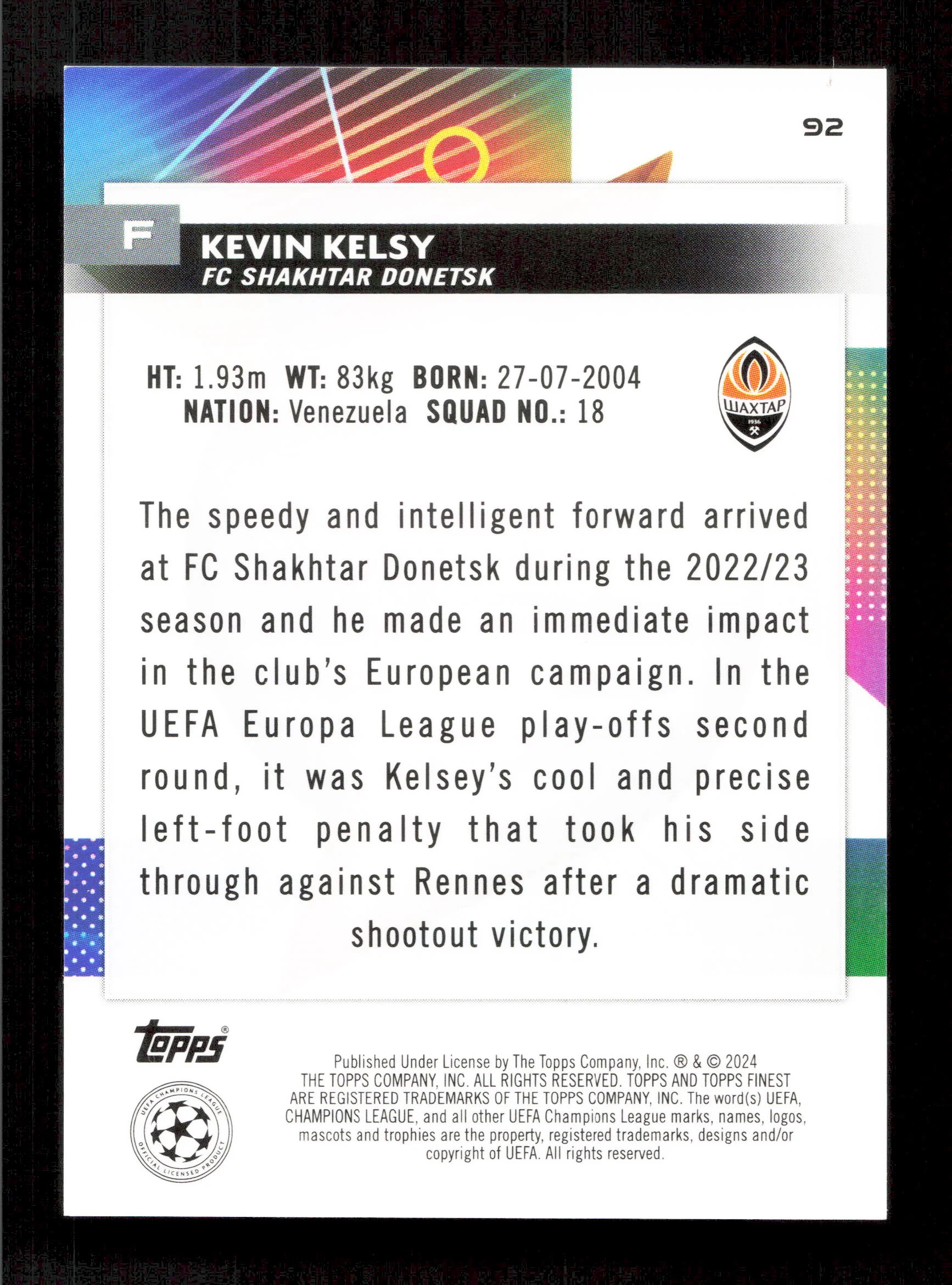 Topps Kevin Kelsy Red Parallel Card /5 RC Finest UEFA Champions League 2024-25 #92 - Image 2