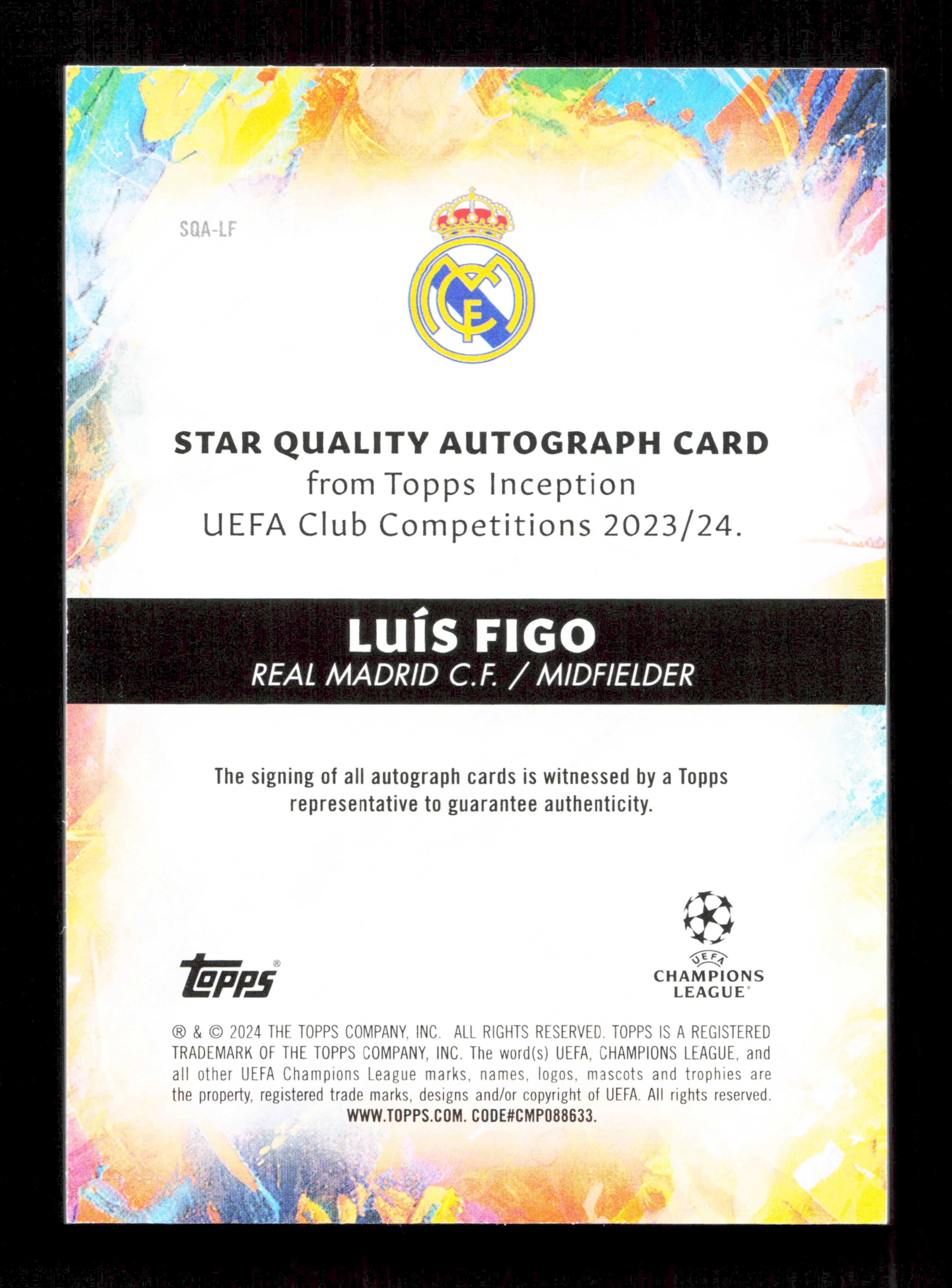 Topps Luis Figo Blue Star Quality Autograph Card /49 Inception UEFA Club Competitions 2023-24 - Image 2