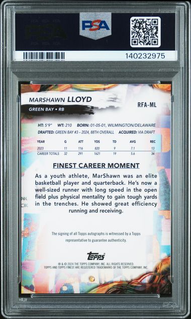 Topps Marshawn Lloyd 3/5 Red Geometric Autograph Rookie #RFAML 2024 Finest NFL PSA 9 - Image 2