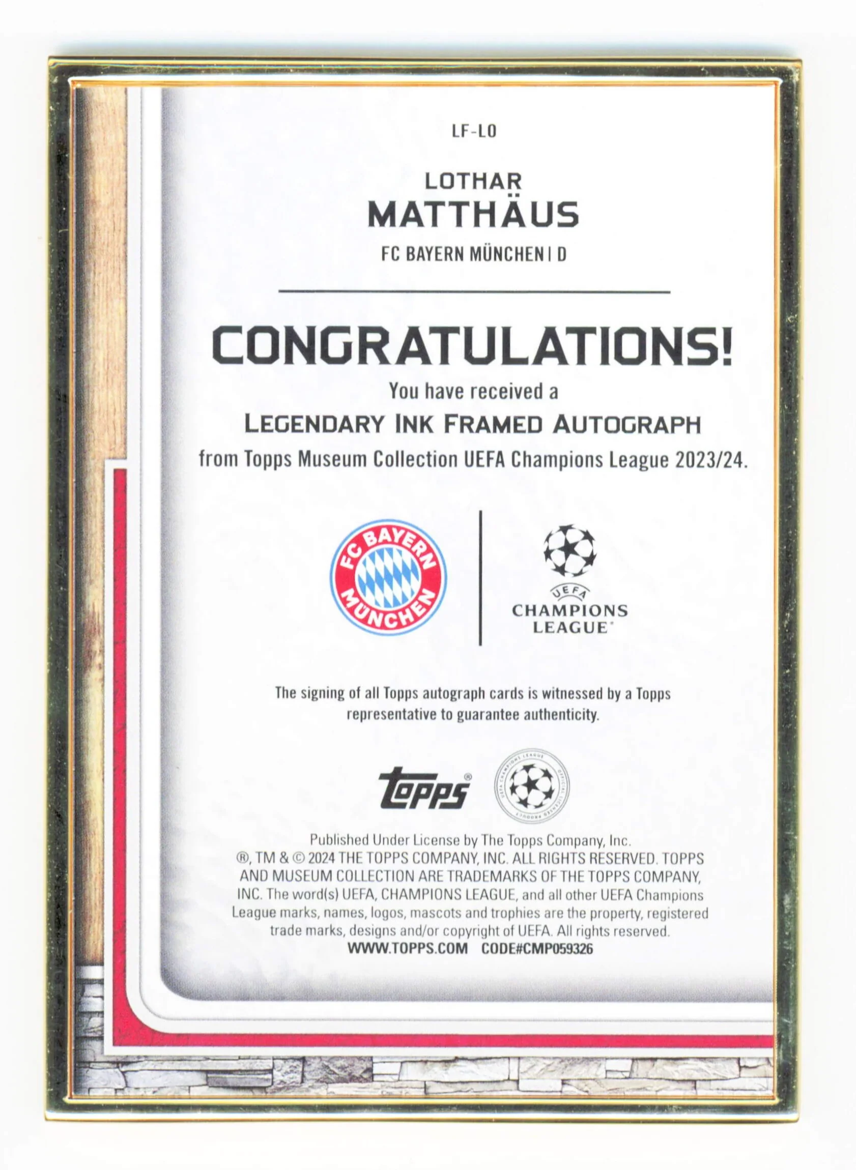 Topps Lothar Matthaus Legendary Ink Framed On Card Autograph /25 Museum Collection UEFA Champions League 2023-24 - Image 2