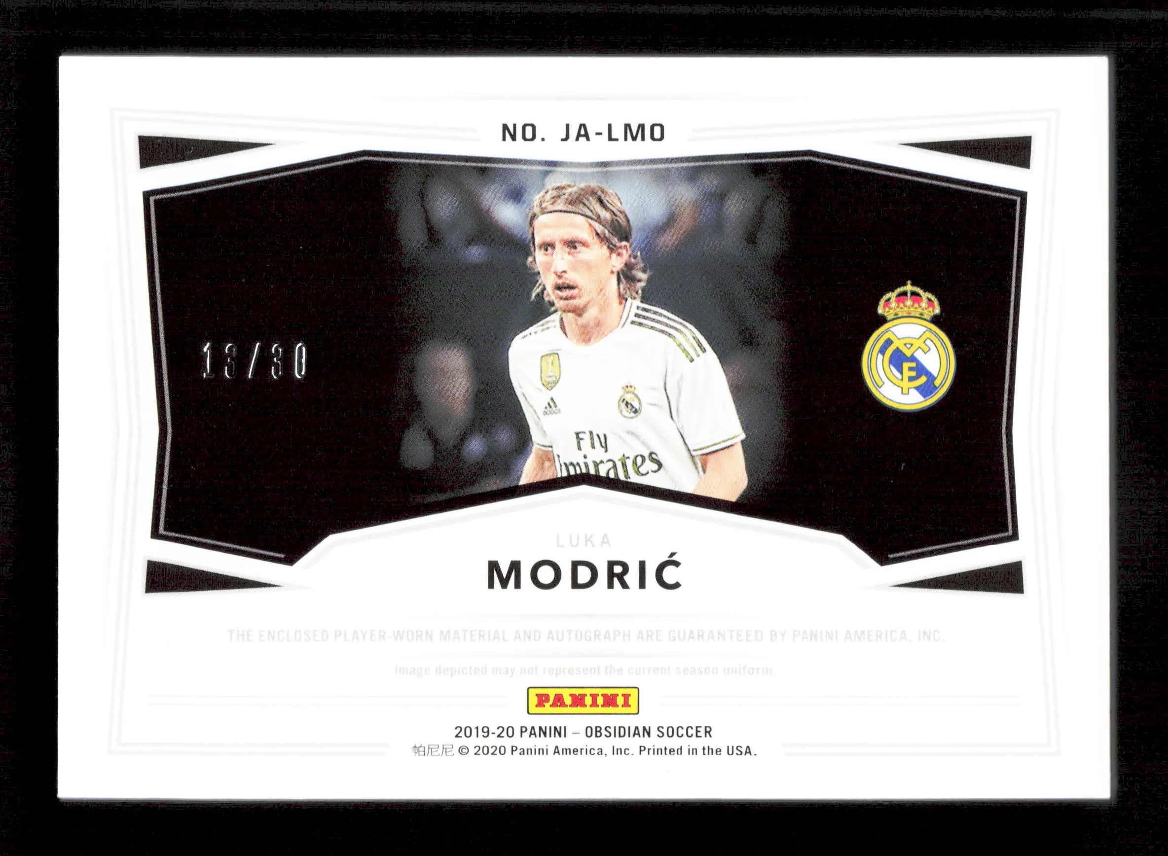 Panini Luka Modric Player Worn Autograph Relic Card /30 Panini Obsidian Soccer 2019-20 - Image 2