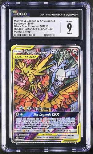 Pokemon Moltres & Zapdos & Articuno GX SM210 Full Art Partial Crimp Error 2019 Black Star Promo CGC 9 Partial Crimp Error