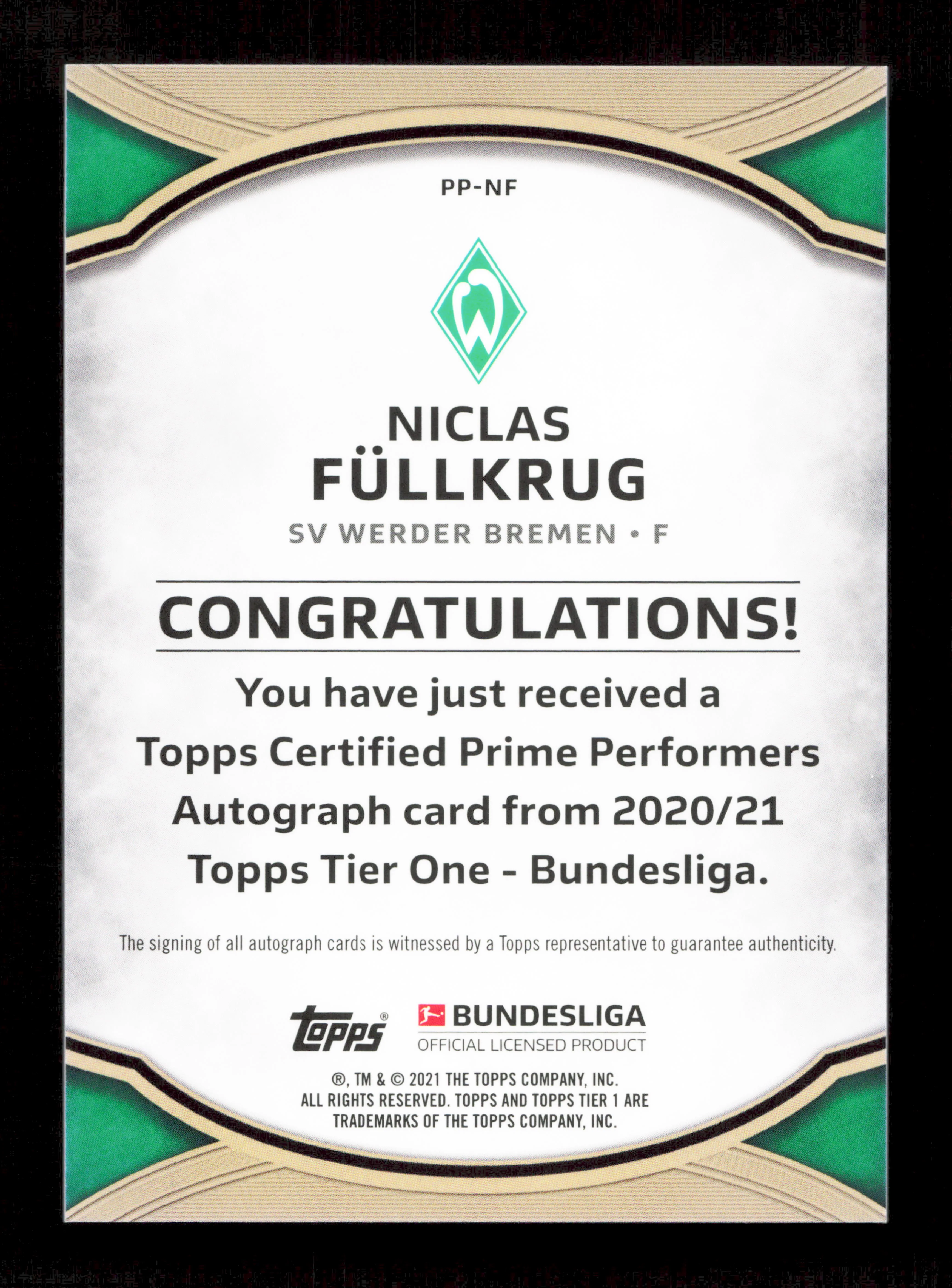 Topps Niclas Fullkrug Red Prime Autograph Card /10 Tier One Bundesliga 2020-21 - Image 2
