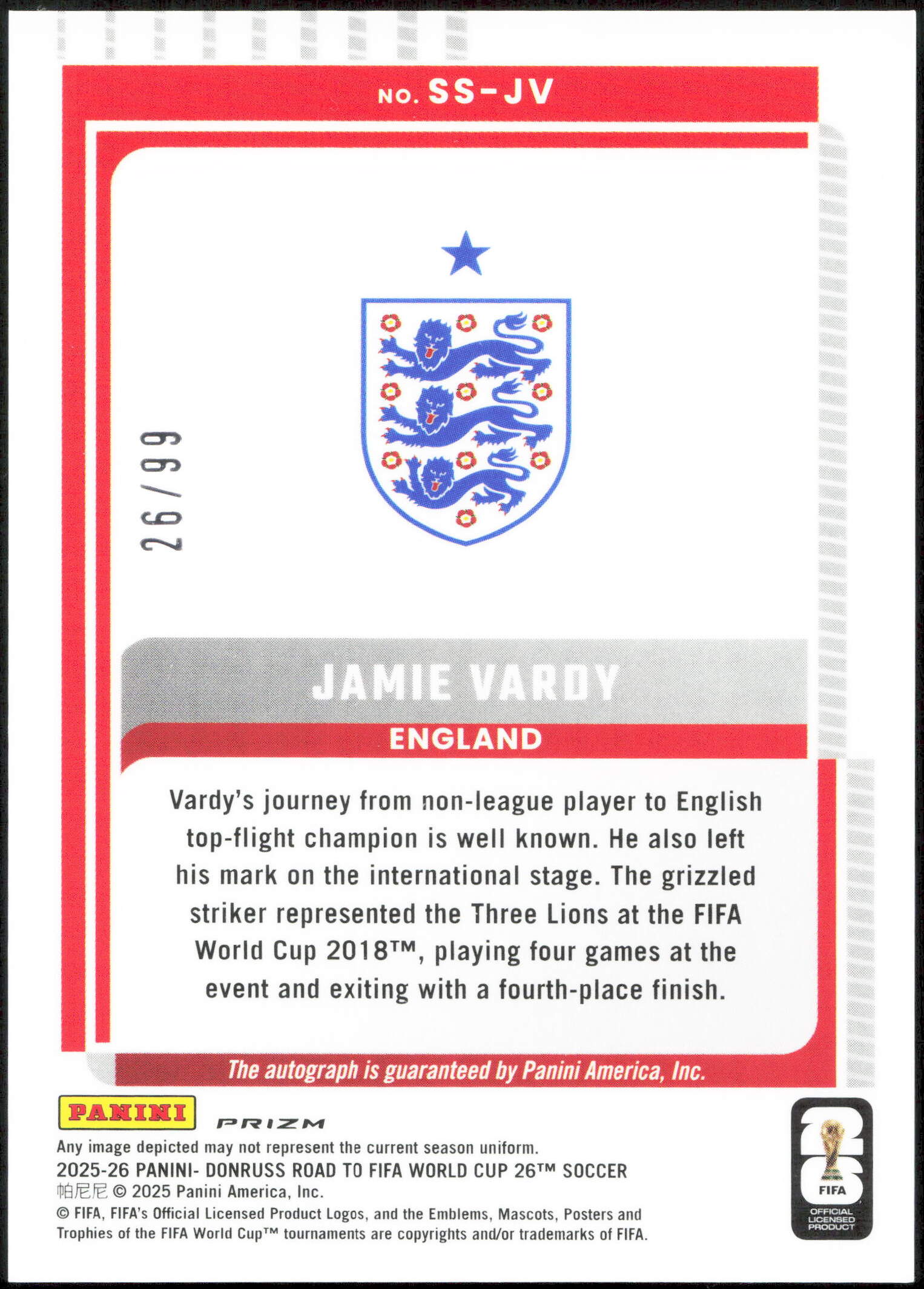 Panini Jamie Vardy Autograph 29/99 Purple Signature Series Donruss Road To The World Cup 2026 - Image 2