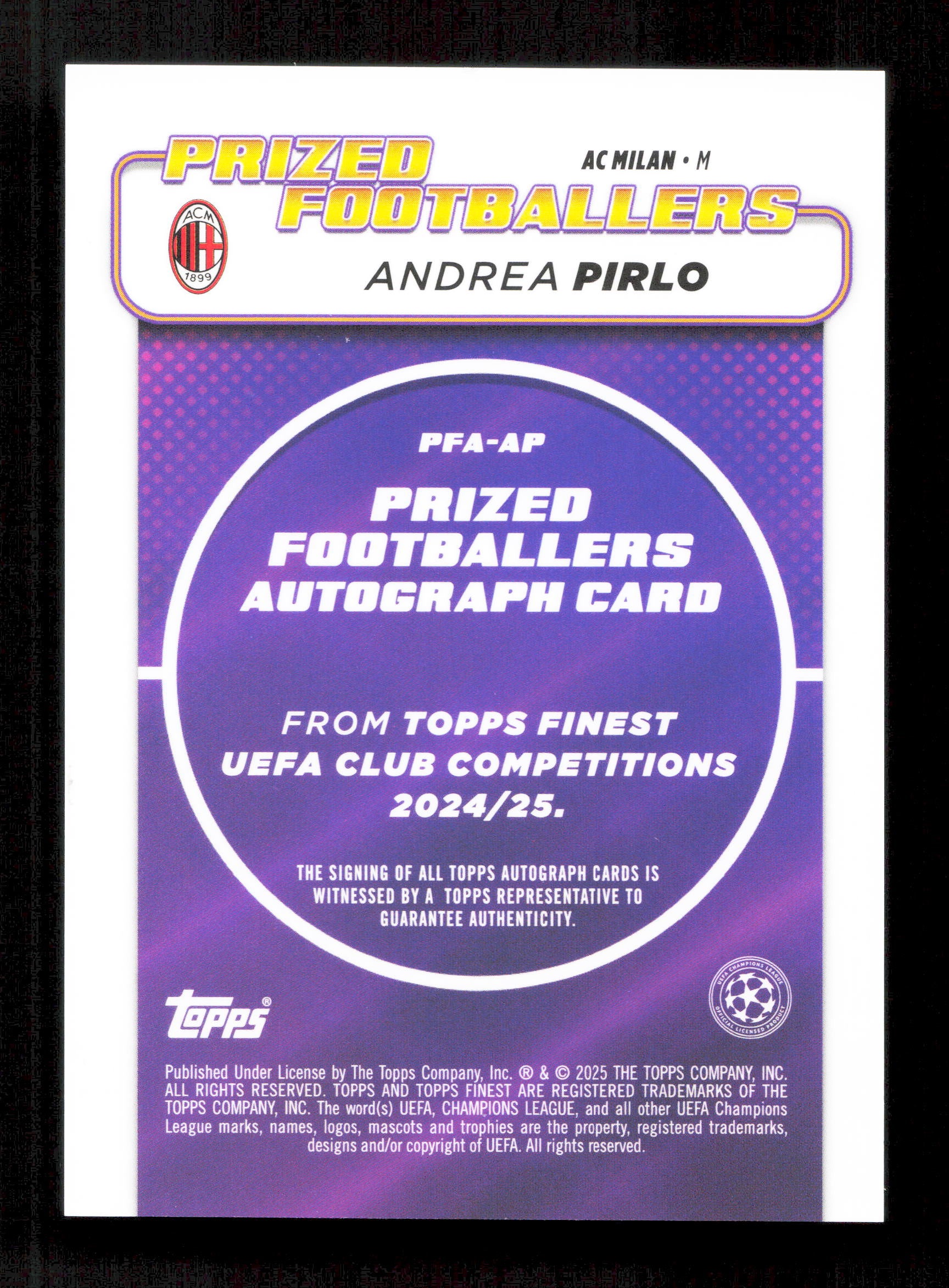 Topps Andrea Pirlo White Prized Footballers Autograph Card Finest UEFA Club Competitions 2024-25 - Image 2