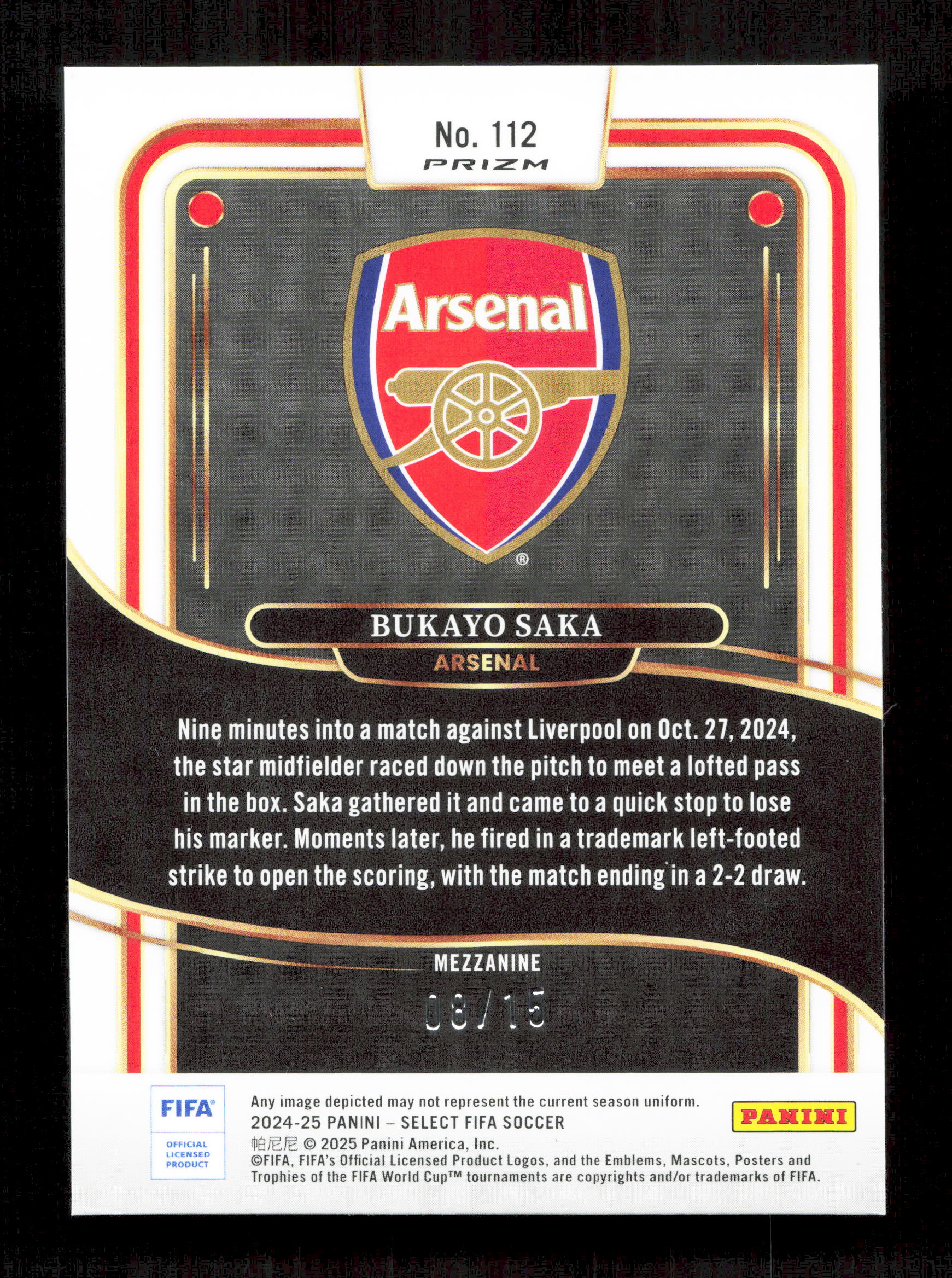 Panini Bukayo Saka Orange & Green Mezzanine Prizm /15 Panini Select Fifa Soccer 2024-25 #112 - Image 2