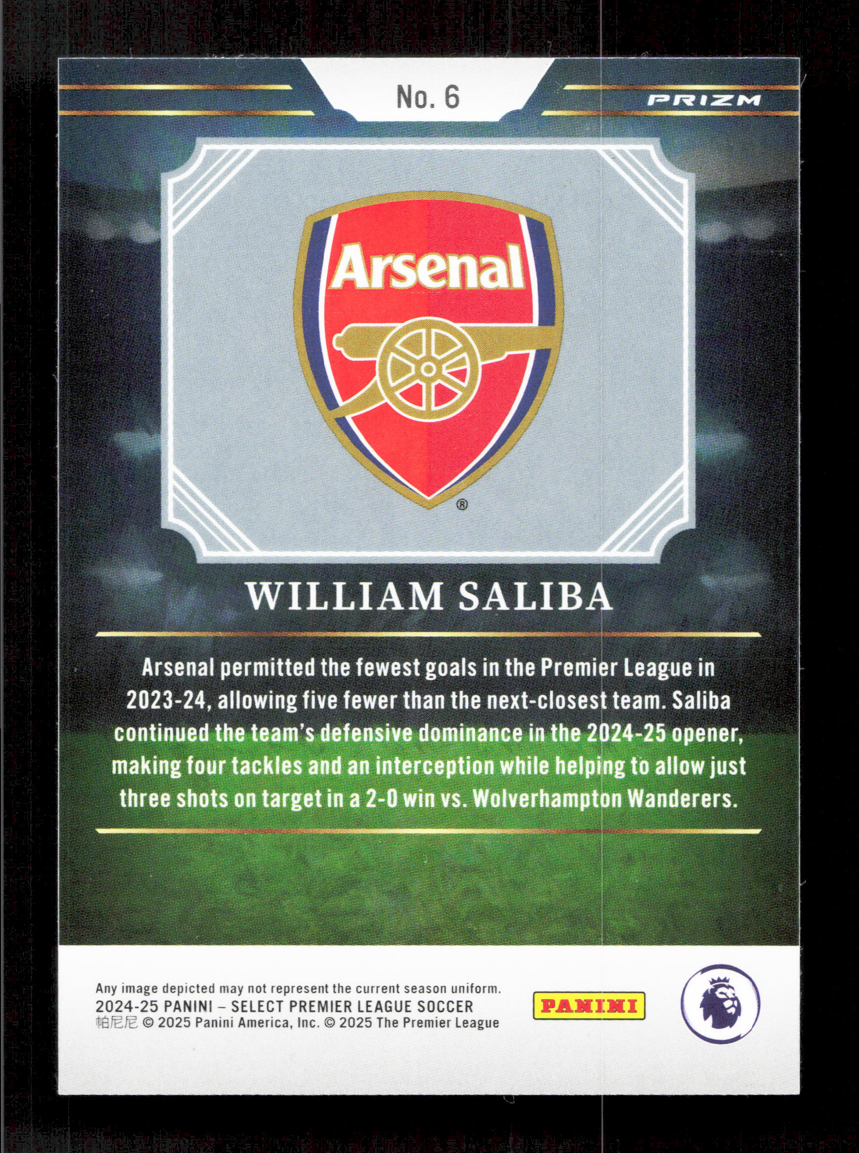 Panini William saliba Artistic Impressions Prizm Card Panini Select 2023-24 #6 - Image 2