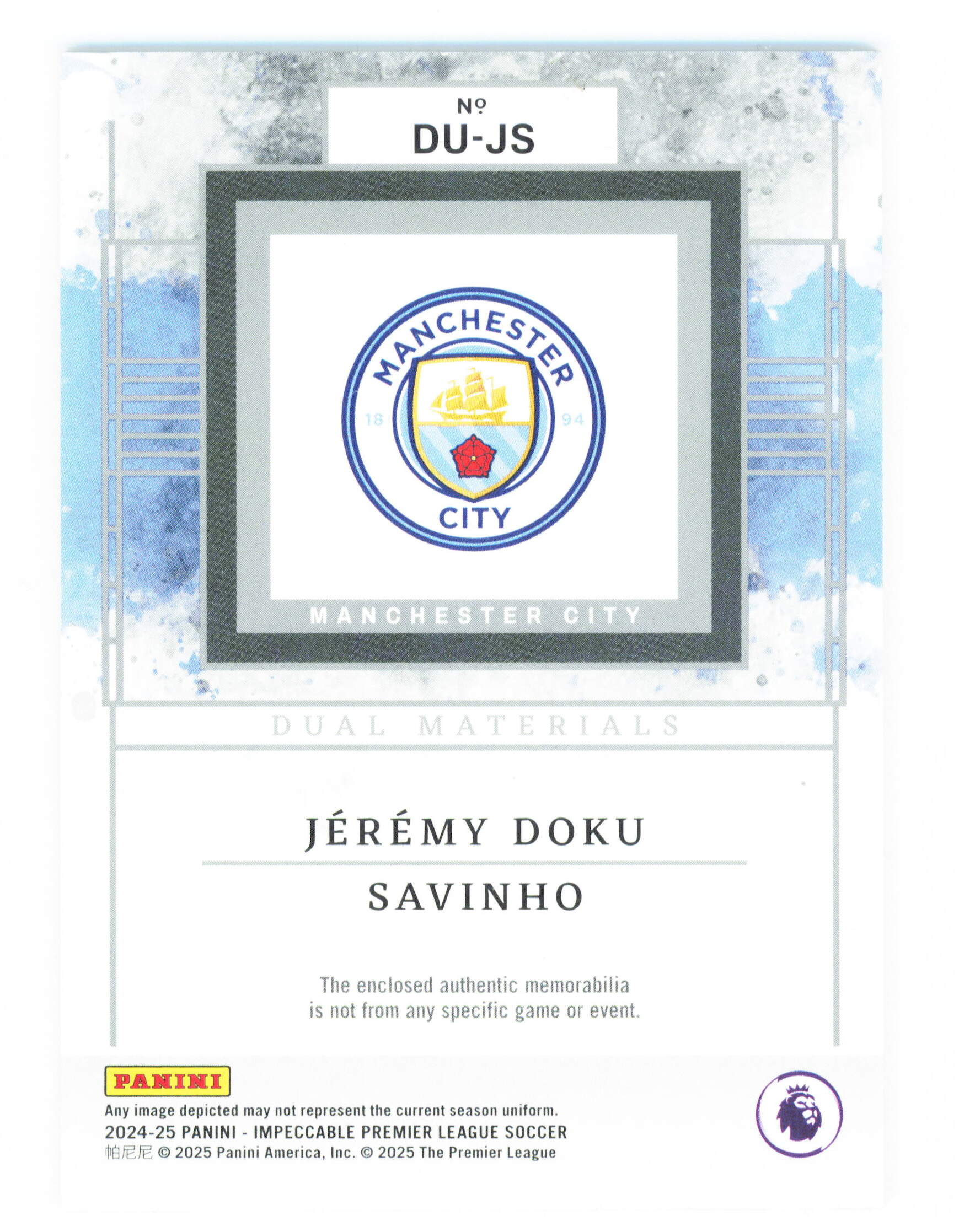 Panini Jeremy Doku/Savinho Dual Materials 08/25 DU-JS Impeccable Premier League Soccer 2025 - Image 2