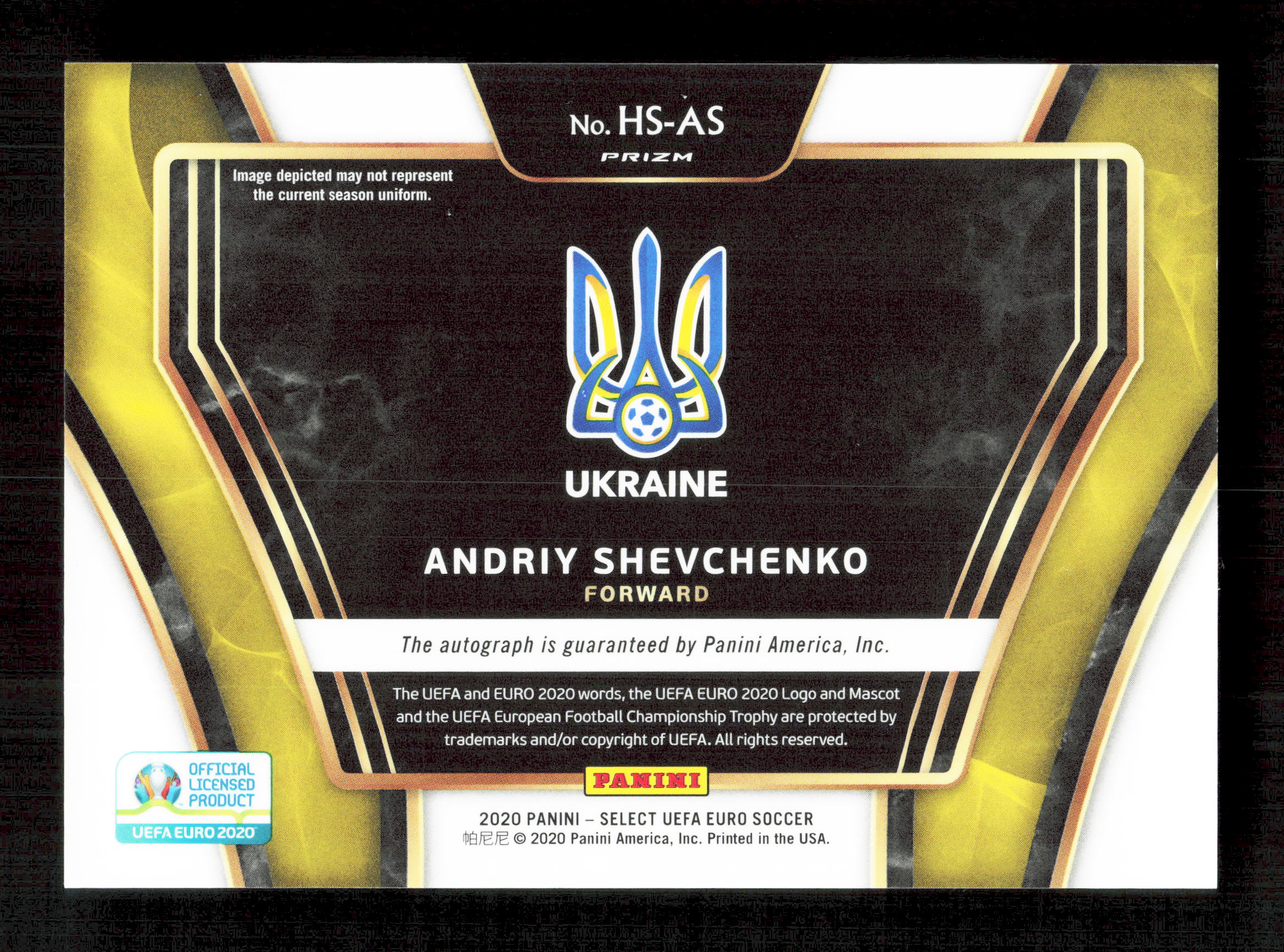 Panini Andriy Shevchenko Historical Significance Autograph Card Panini Select UEFA Euro Soccer 2020 - Image 2