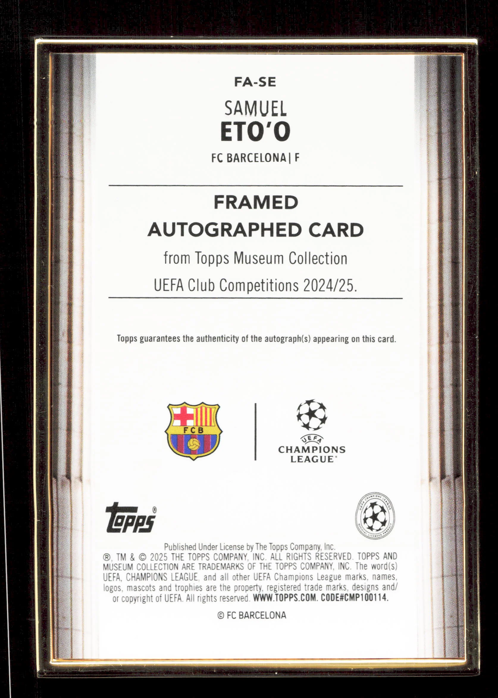 Topps Samuel Eto'o Blue Gold Framed Autograph Card /75 Museum Collection UEFA Club Competitions 2024-25 - Image 2