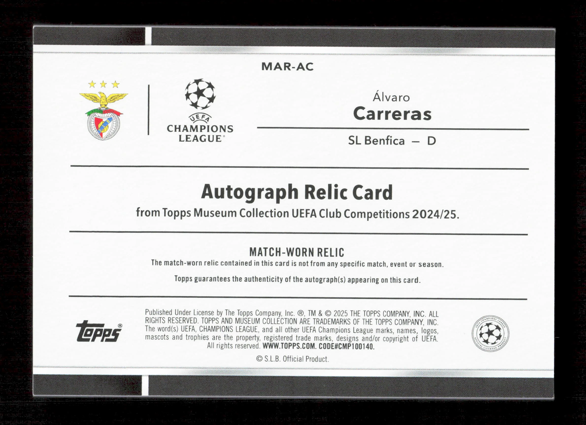 Topps Alvaro Carreras Red Autograph Match-Worn Relic Card /25 RC Museum Collection UEFA Club Competitions 2024-25 - Image 2