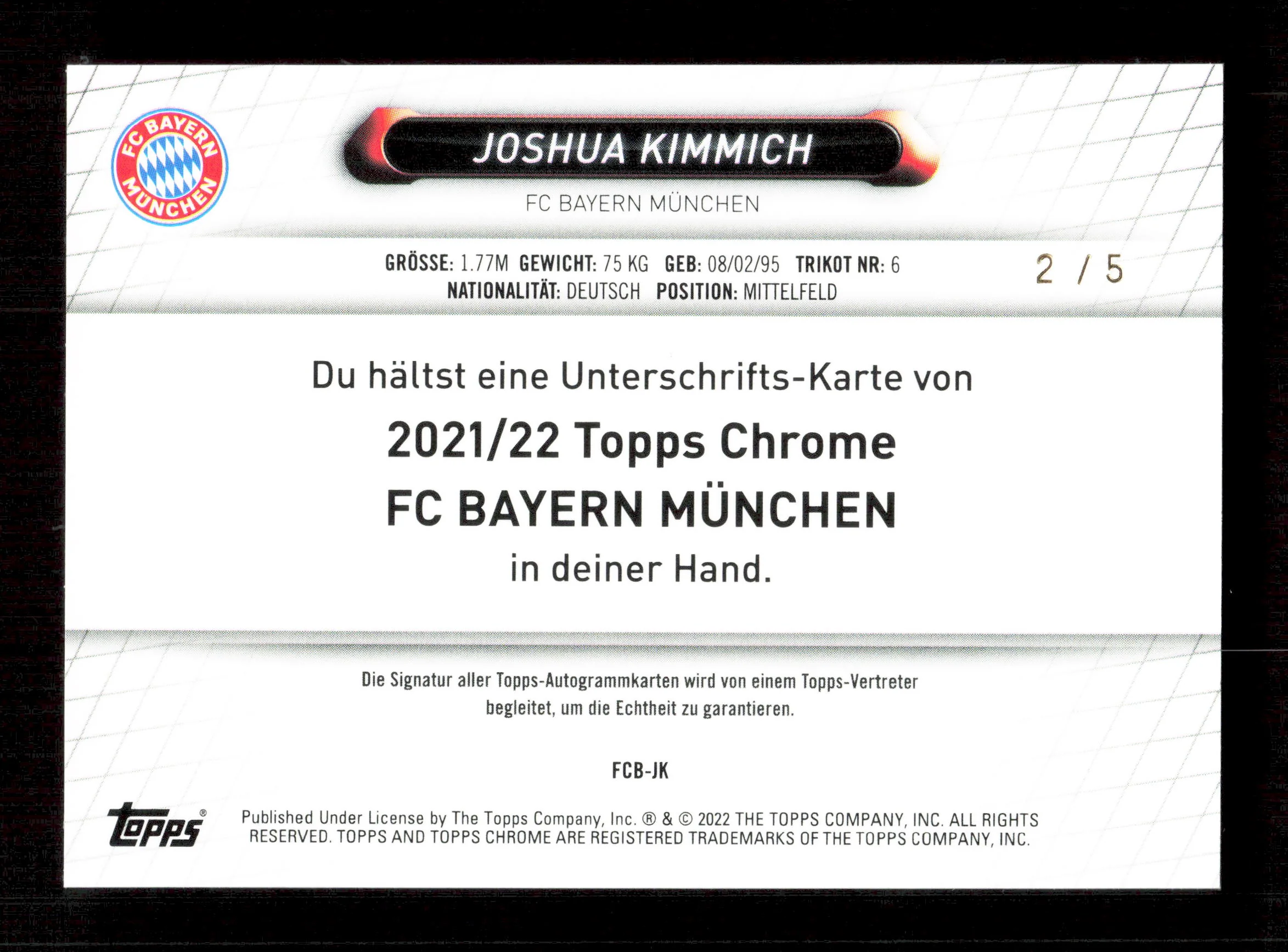 Topps Joshua Kimmich Red On Card Autograph Card /5 Chrome FC Bayern Munchen 2021-22 - Image 2
