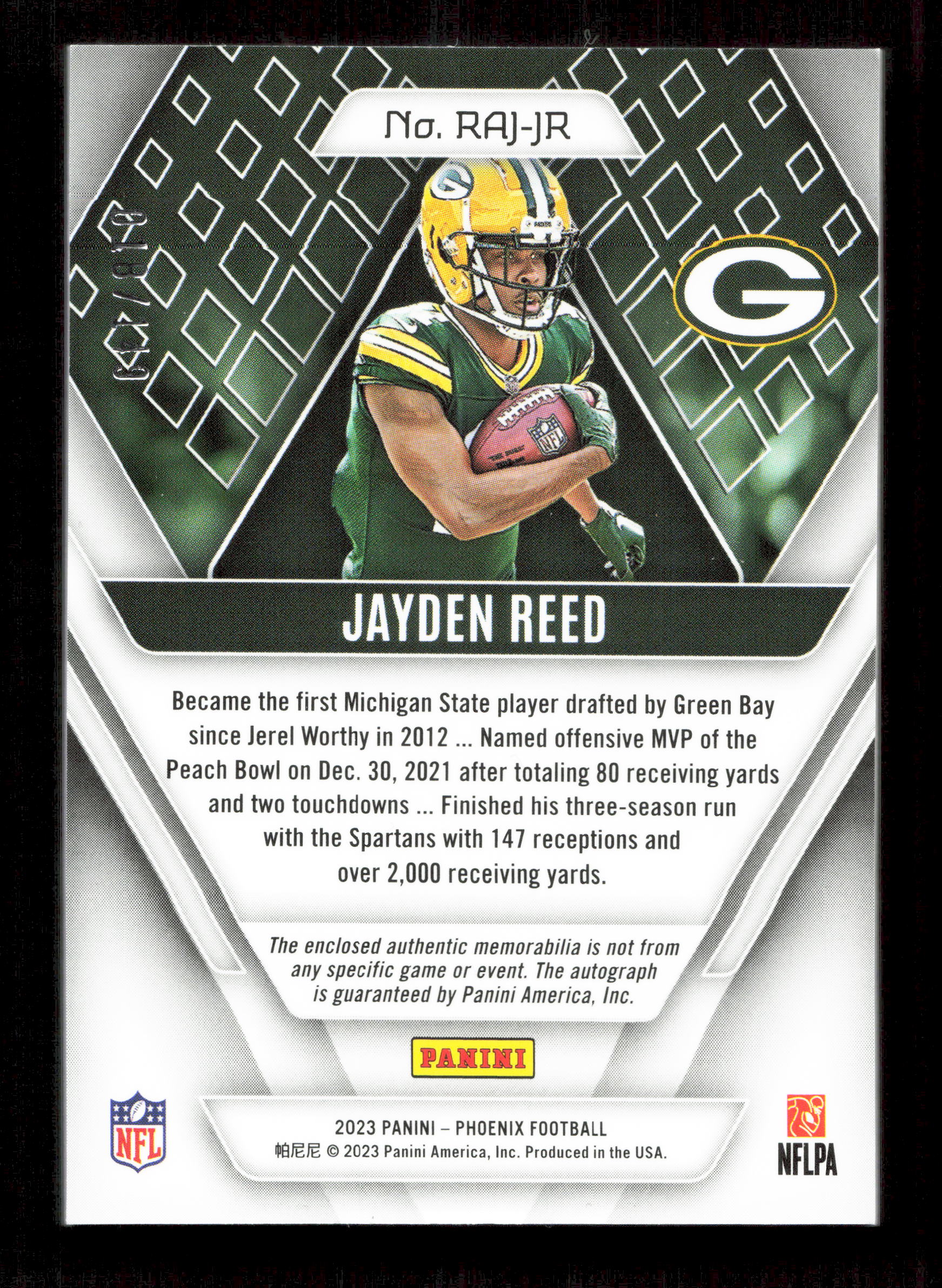 Panini Jayden Reed Autograph Relic Card /149 Panini Phoenix Football 2023 - Image 2