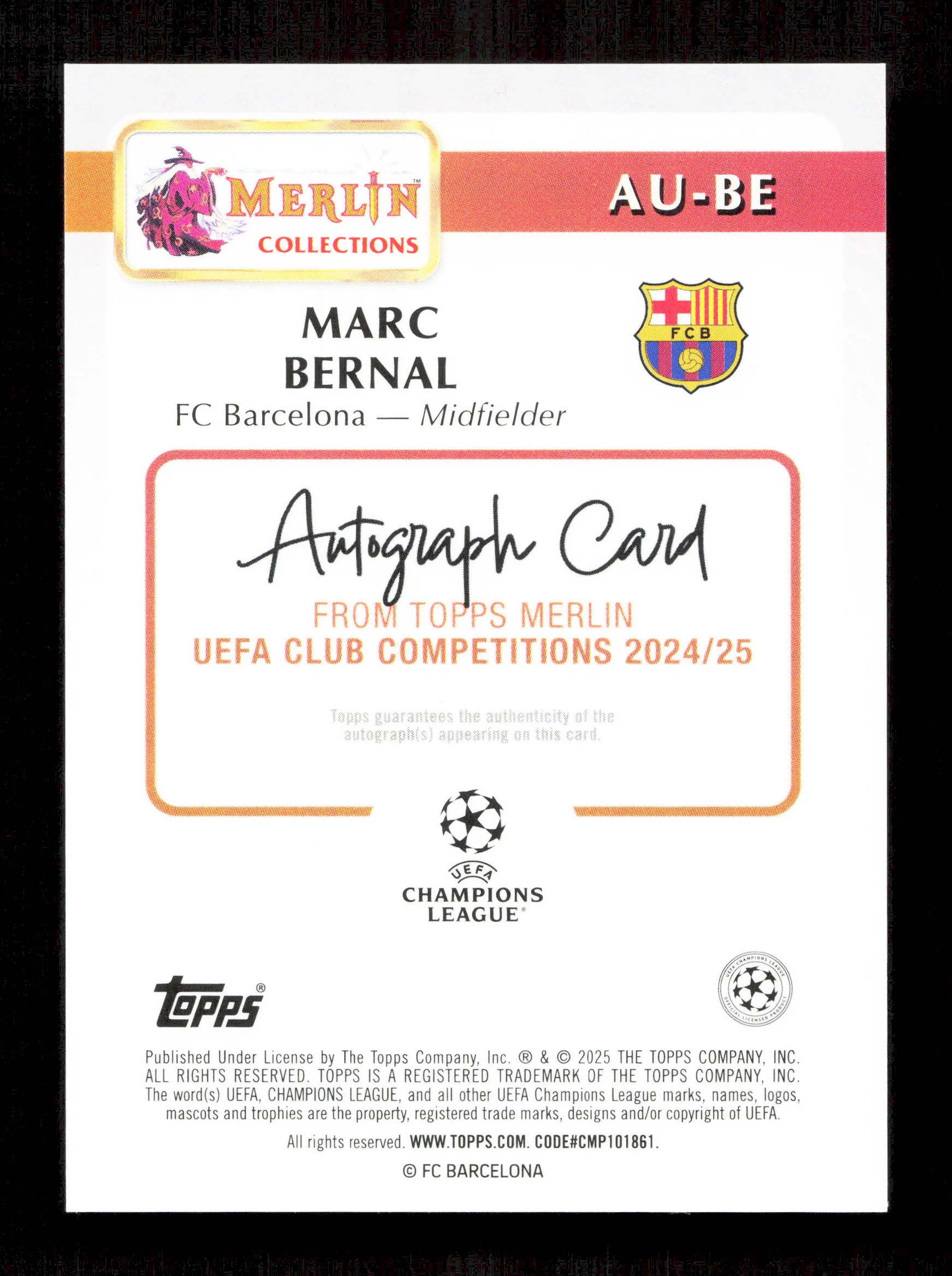 Topps Marc Bernal Gold Mojo Autograph Card /50 RC Merlin UEFA Club Competitions 2024-25 - Image 2