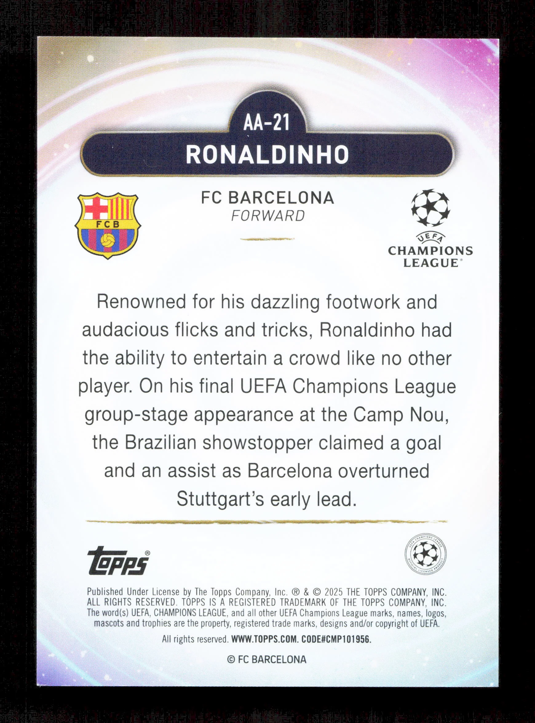 Topps Ronaldinho Gold Ageless Alchemy Card /50 Merlin UEFA Club Competitions 2024-25 - Image 2
