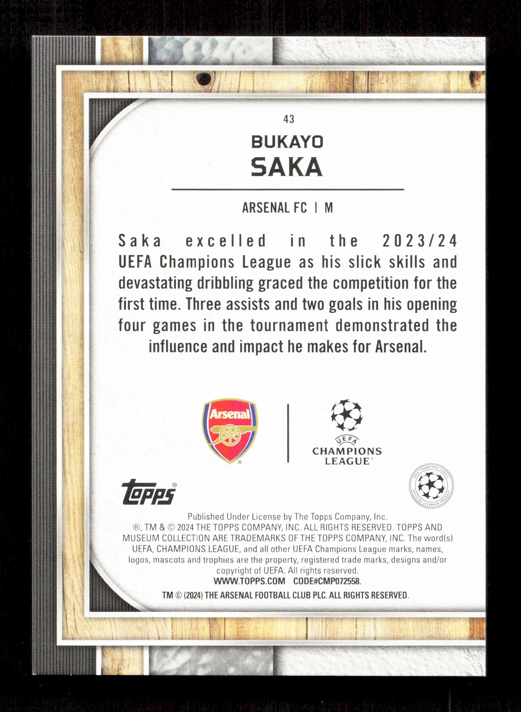 Topps Bukayo Saka Black Refractor 03/10 2024 Topps Museum Collection - Image 2