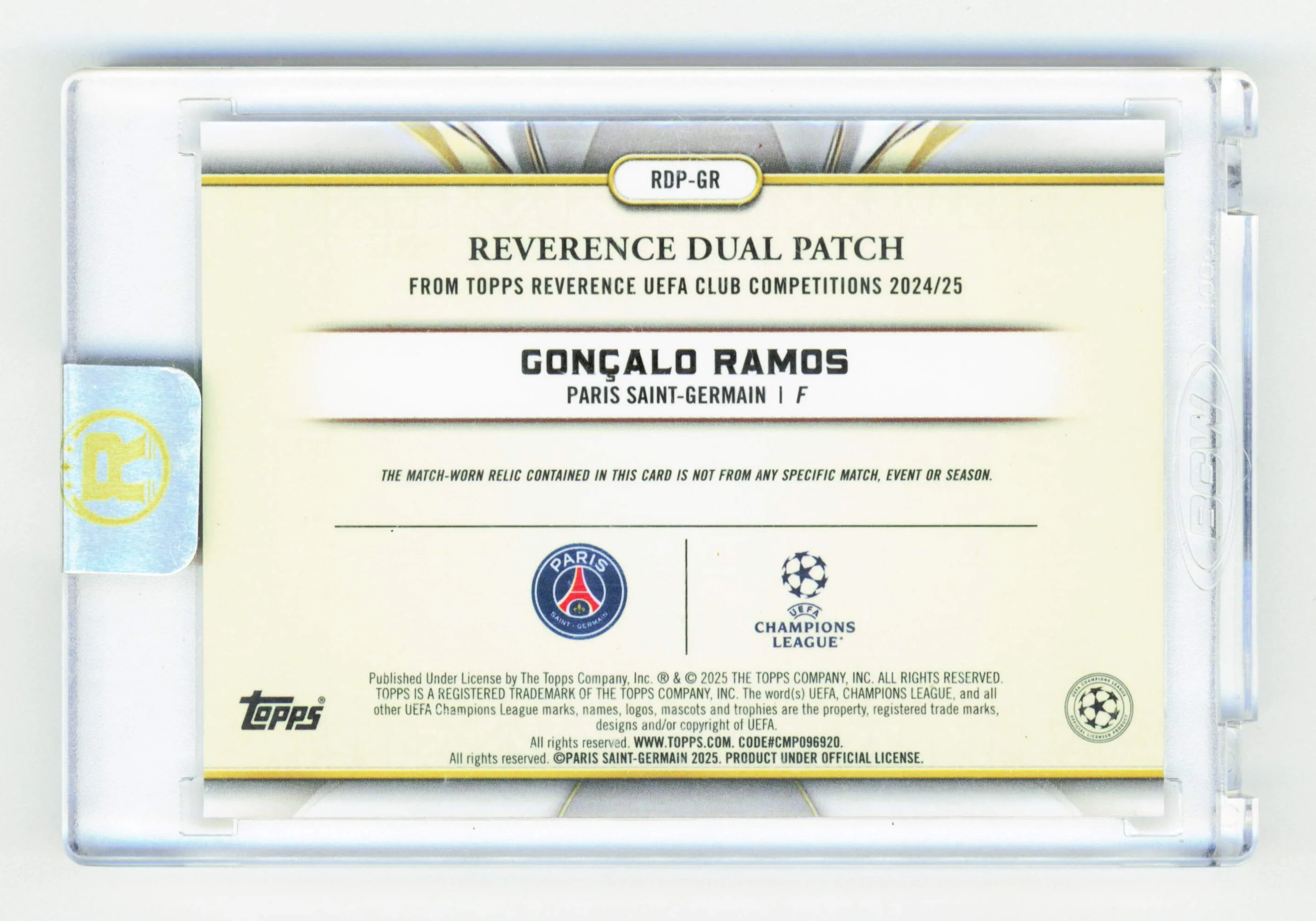 Topps Goncalo Ramos Reverence Daul Match-Worn Relic Card /10 Reverence UEFA Club Competitions 2024-25 - Image 2