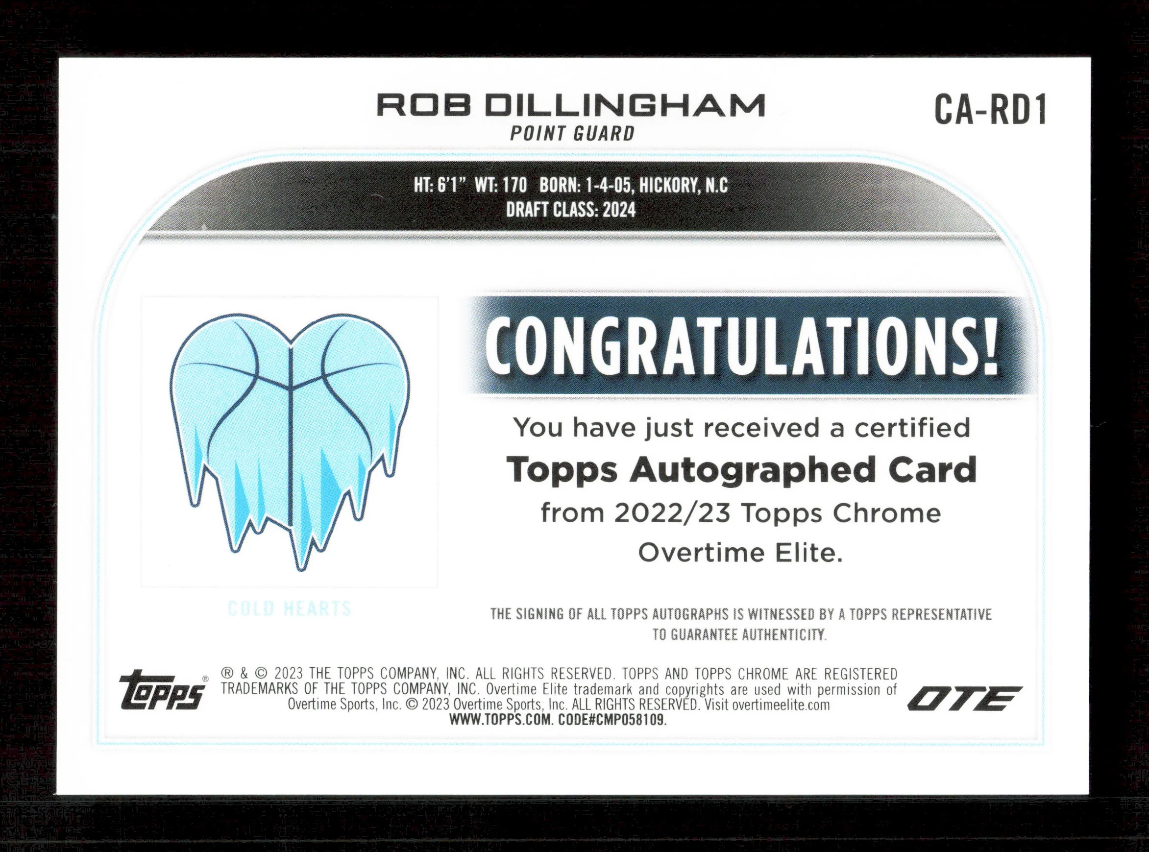 Topps Rob Dillingham Gold Wave Autograph Card /50 Overtime Elite Basketball 2022-23 - Image 2