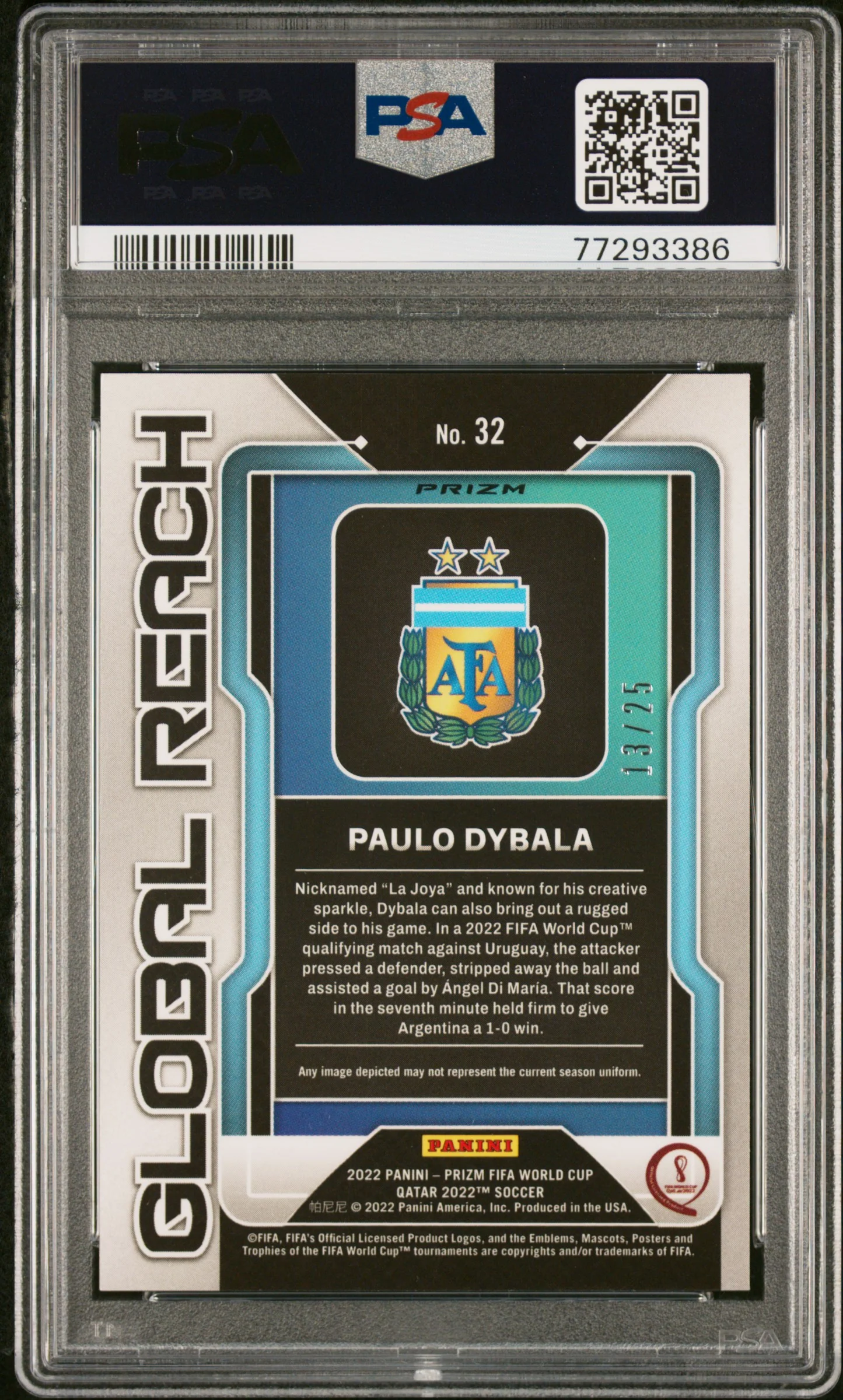 Panini Paulo Dybala Orange Global Reach Prizm /25 Panini Prizm World Cup Qatar 2022 #32 PSA9 - Image 2