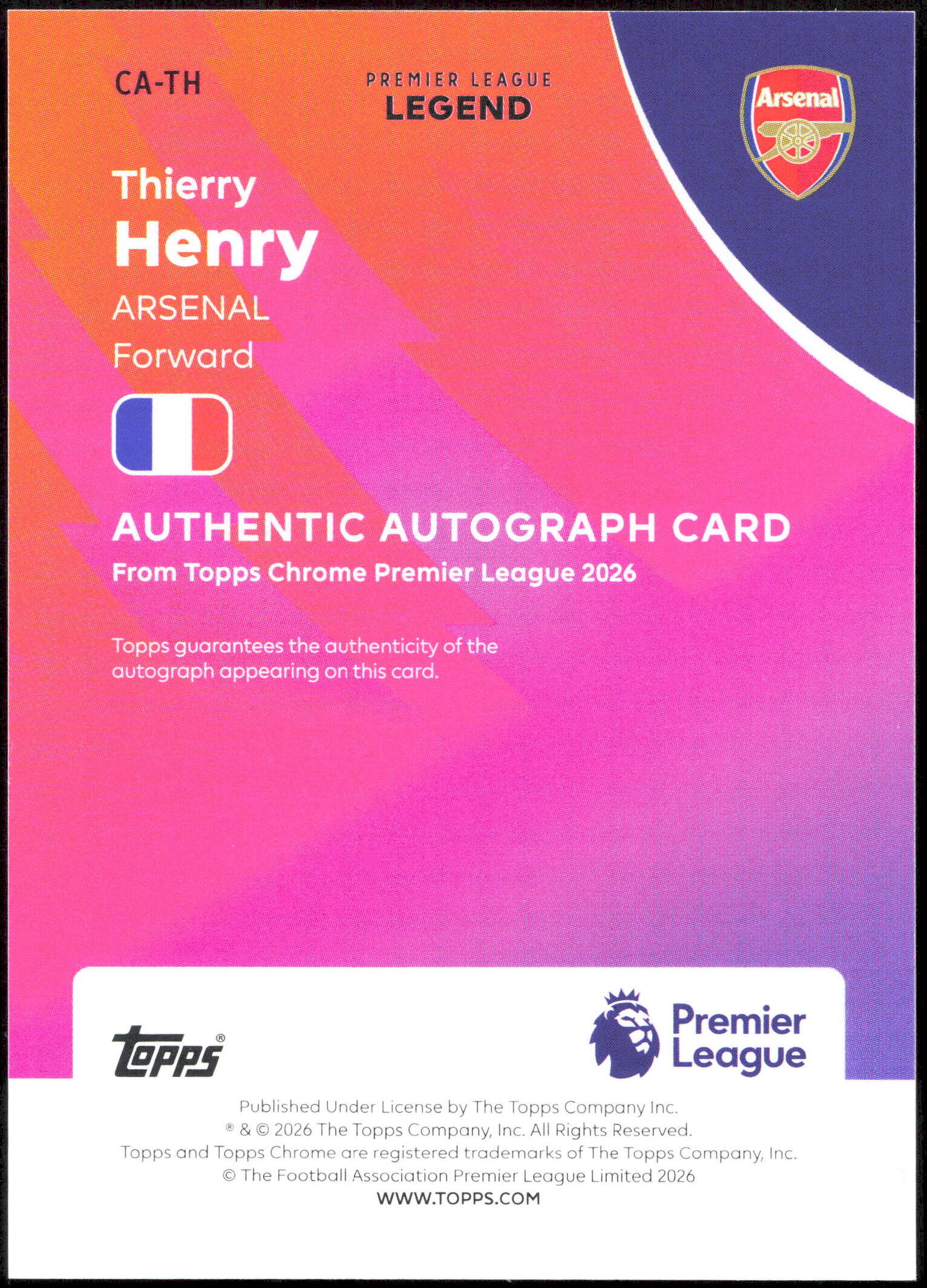 Topps Thierry Henry 09/50 Autograph Gold Wave CA-TH Chrome Premier League 2026 - Image 2