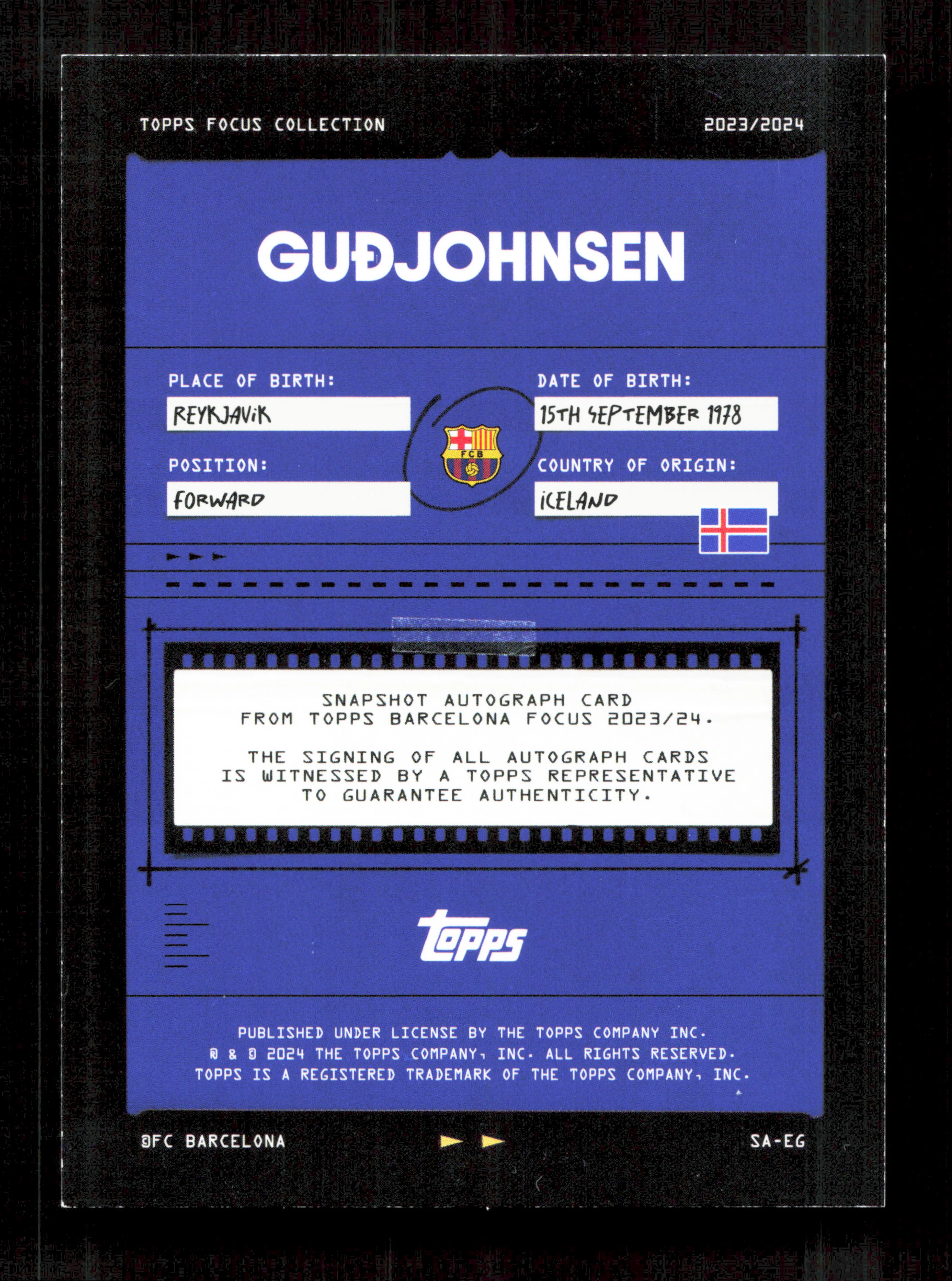 Topps Gudjohnsen Orange Autograph Card /25 Focus FC Barcelona 2024 - Image 2