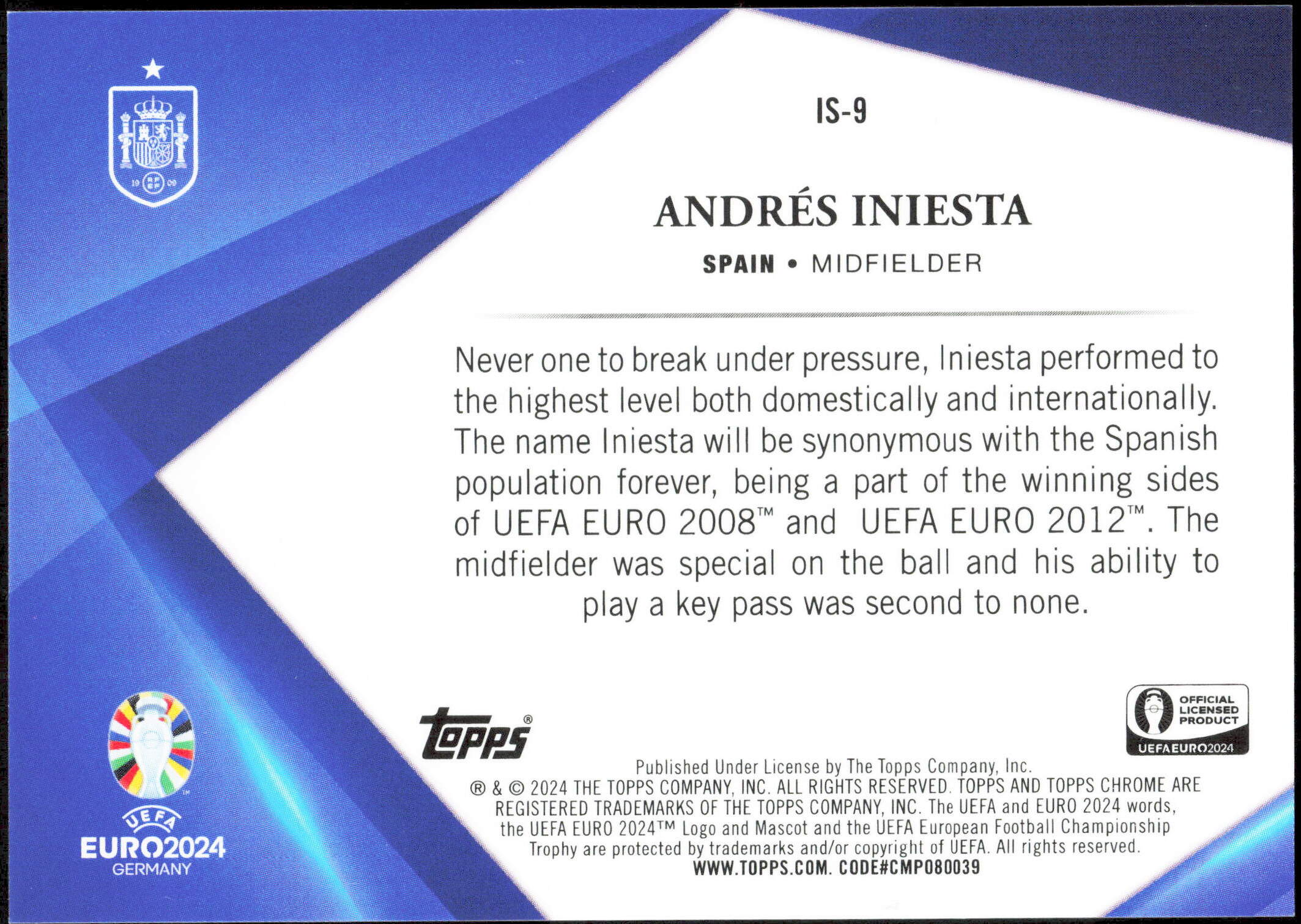 Topps Andres Iniesta Infinite Sapphire IS-9 Chrome 2024 Uefa Euros - Image 2