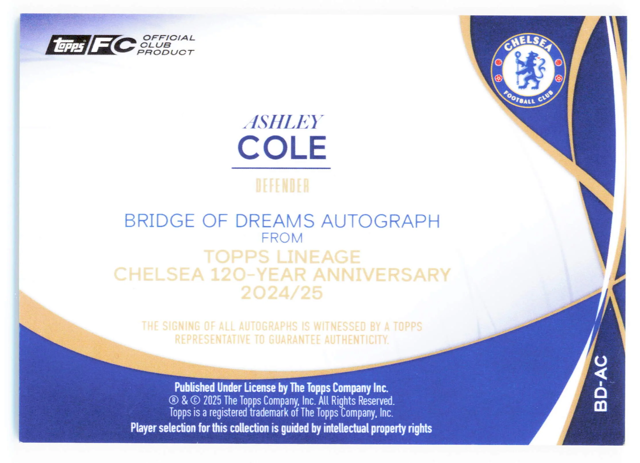 Topps Ashley Cole Autograph 69/75 Bridge Of Dreams BD-AC Lineage Chelsea 120 Year Anniversary 2025 - Image 2