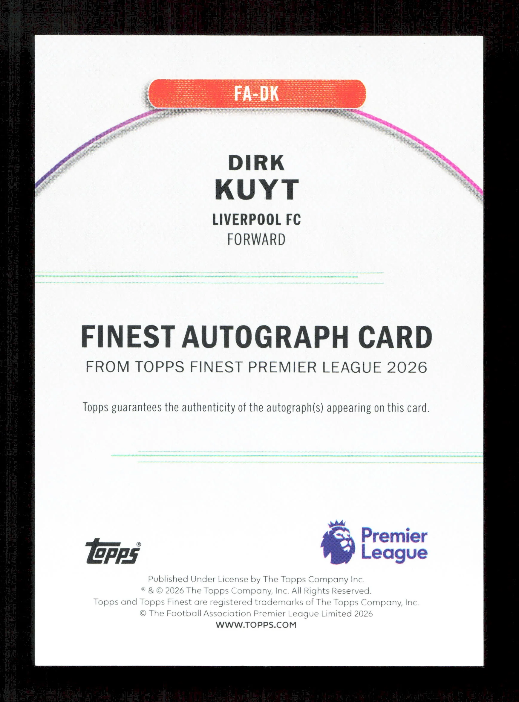 Topps Dirk Kuyt Autograph 41/75 Green FA-DK Finest Premier League 2026 - Image 2