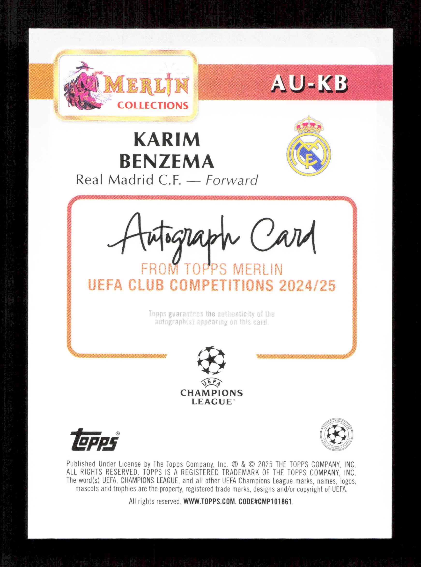 Topps Karim Benzema Autograph 29/50 Gold AU-KB Uefa Club Competitions Merlin Collections 2024/25 - Image 2