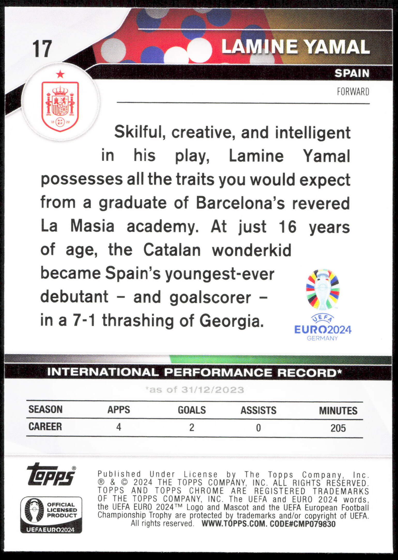 Topps Lamine Yamal Sapphire National Debut #17 Chrome 2024 Uefa Euro - Image 2