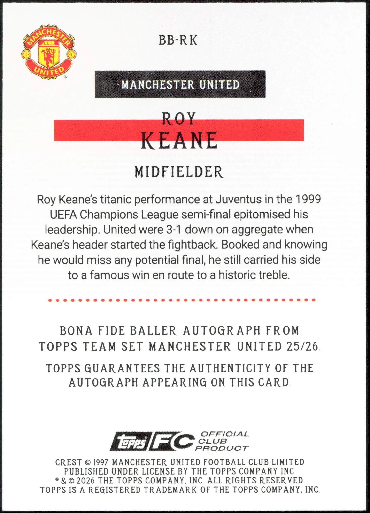 Topps Roy Keane Bona Fide 10/10 Black Autograph BB-RK Team Set Manchester United 25/26 - Image 2