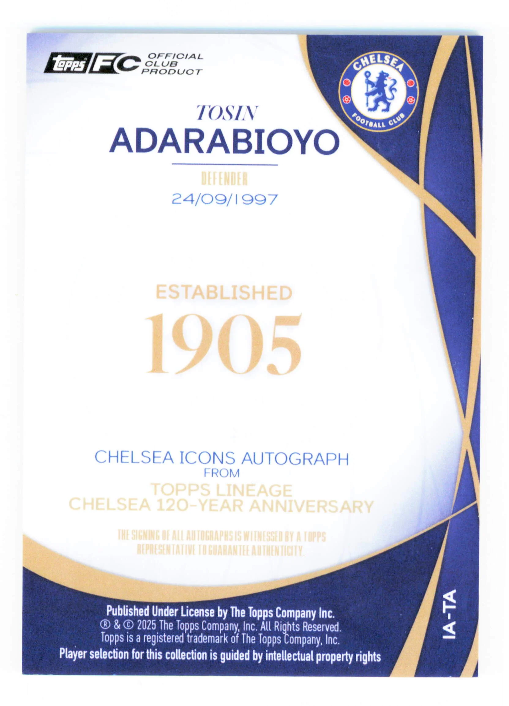 Topps Tosin Adarabioyo Autograph 01/10 IA-TA Lineage Chelsea 120 Year Anniversary 2025 - Image 2