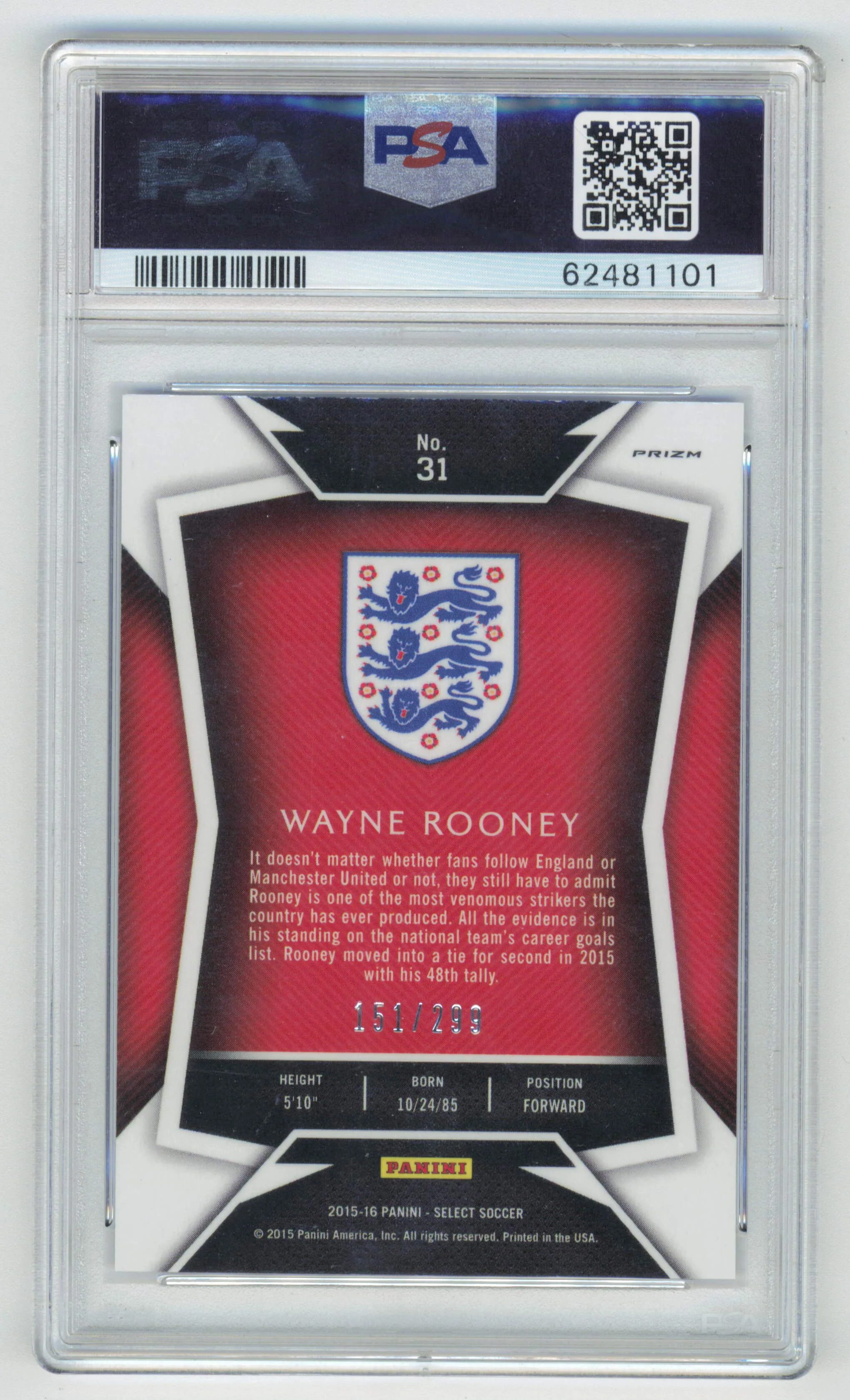 Panini Wayne Rooney White Jersey Blue Prizm 151/299 2015 Select PSA 10 - Image 2